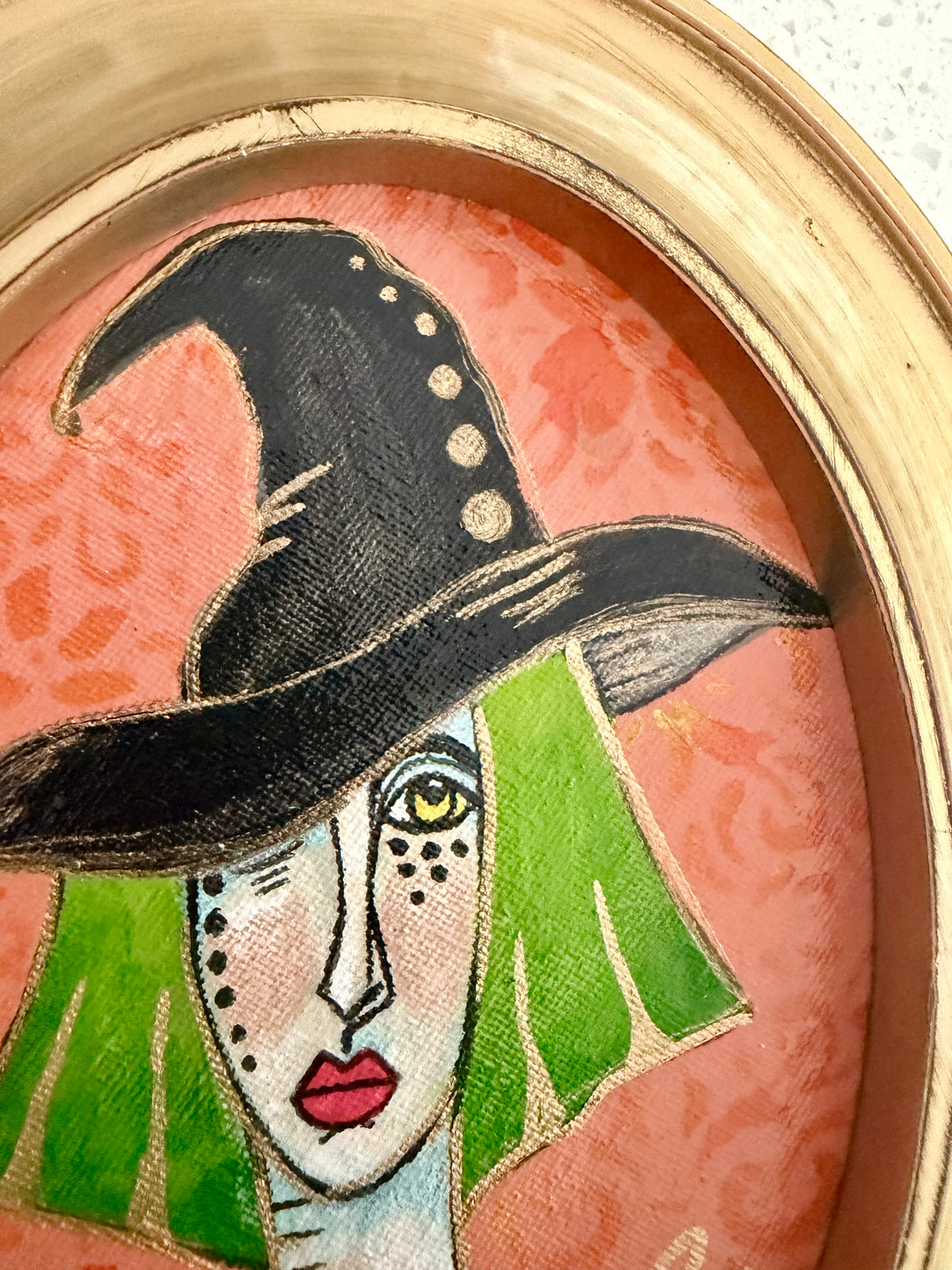 Original,signed oval mini Witch painting & mixed media on canvas board in gold frame 8x9”