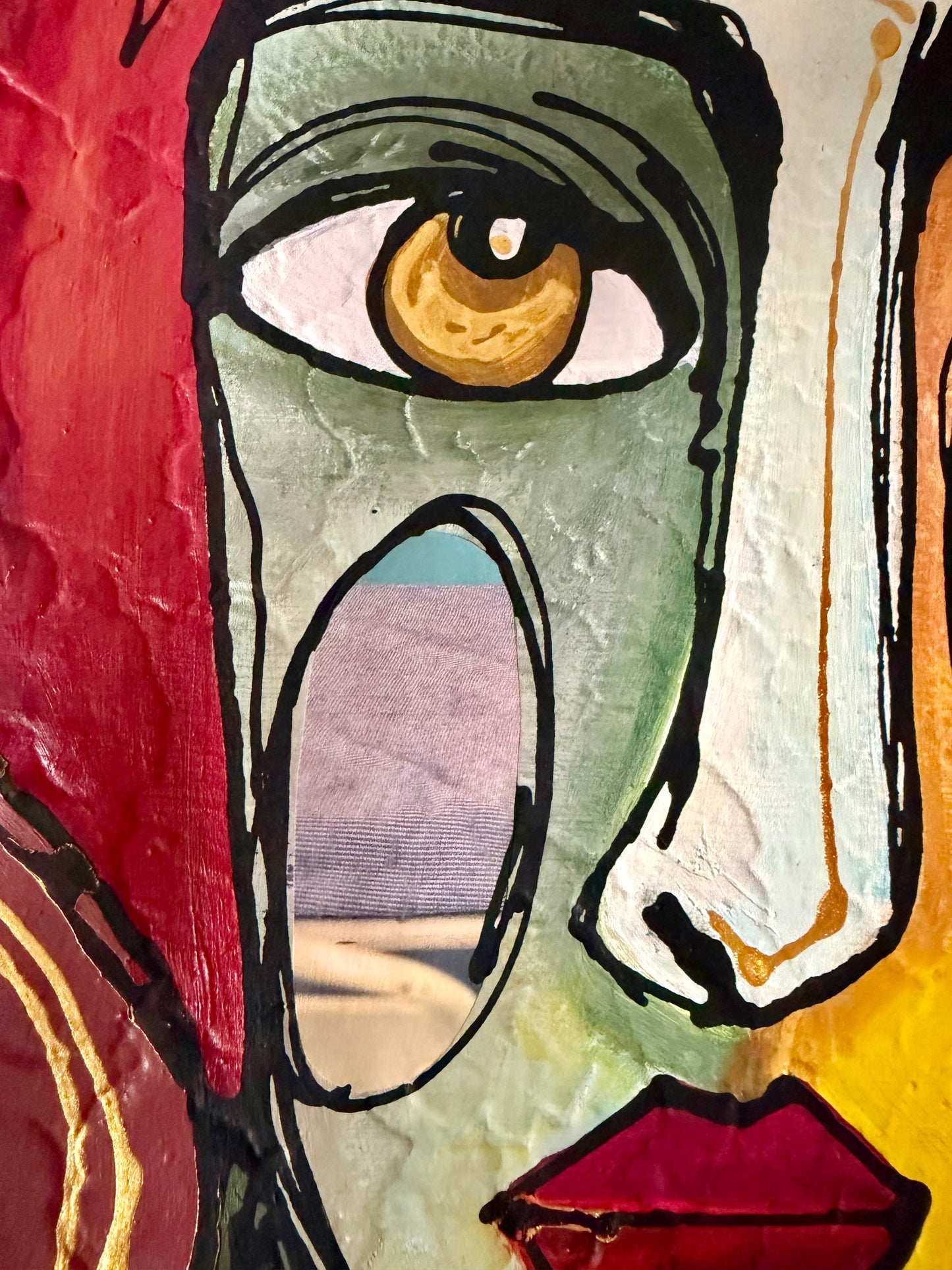 Original, signed mixed media painting/collage on boxed framed wood panel   Abstract portrait w/mixed media -12x12”