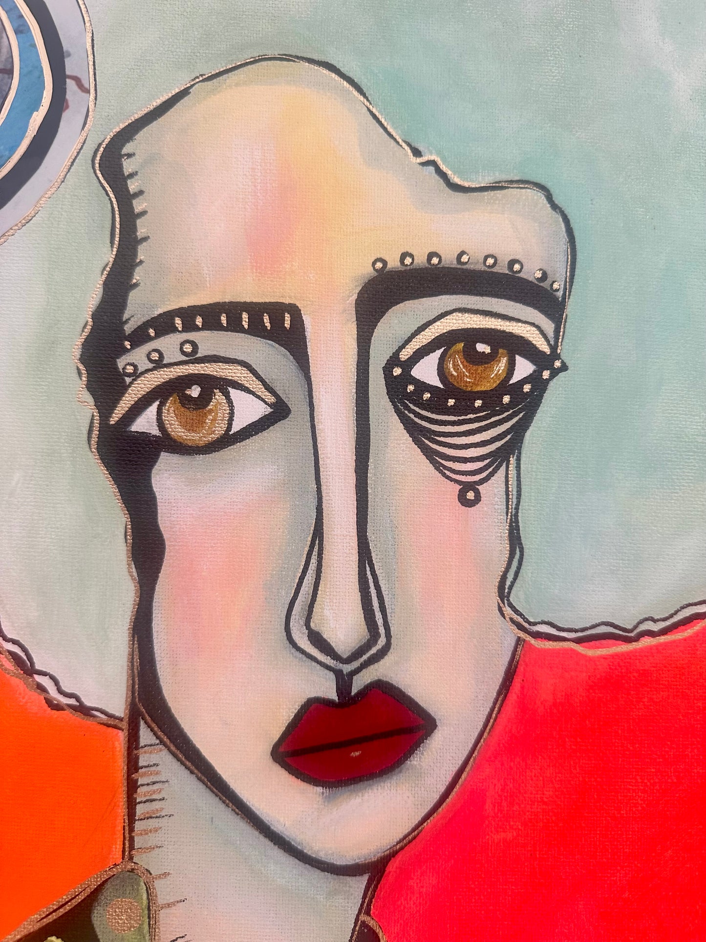 Original, signed painting on painted edge canvas  Abstract portrait w/mixed media 14x18