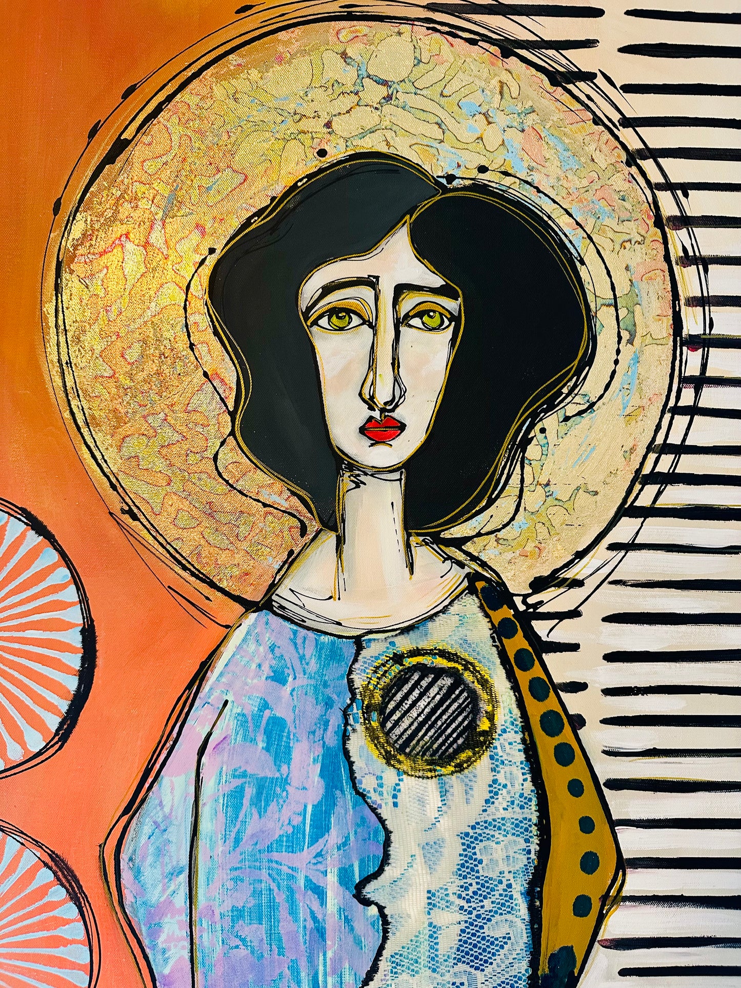 Original, signed painting-24x48”- black edge canvas: Abstract portrait w/ mixed media -“copper nimbus”