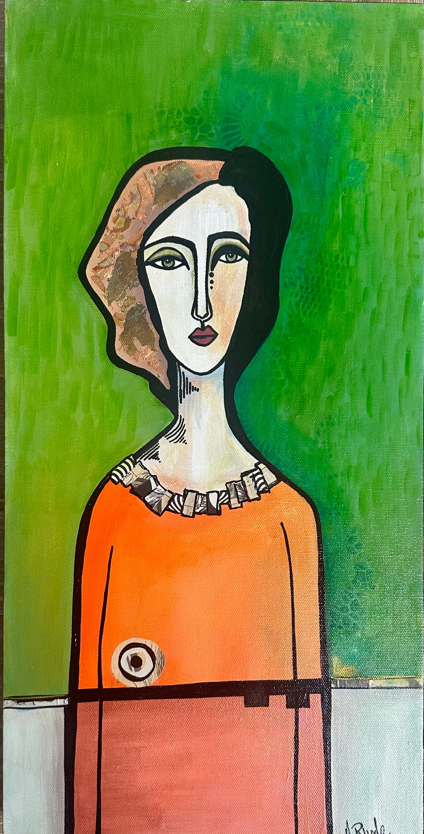 Original, signed painting-10x20” wide collage edge canvas: Abstract portrait w/ mixed media