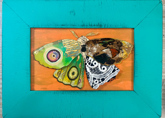 Original Mixed Media and Hand-Painted & collaged Moth on canvas board in vintage frame 12.5x17”