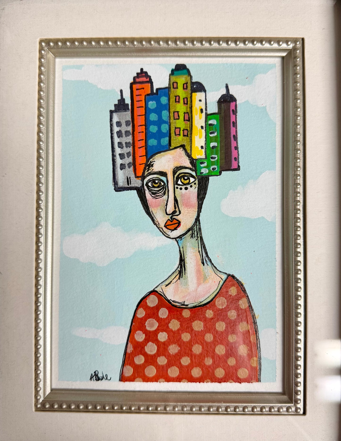 Original,signed painting/mixed media collage portrait on heavyweight archival paper in frame 10x12