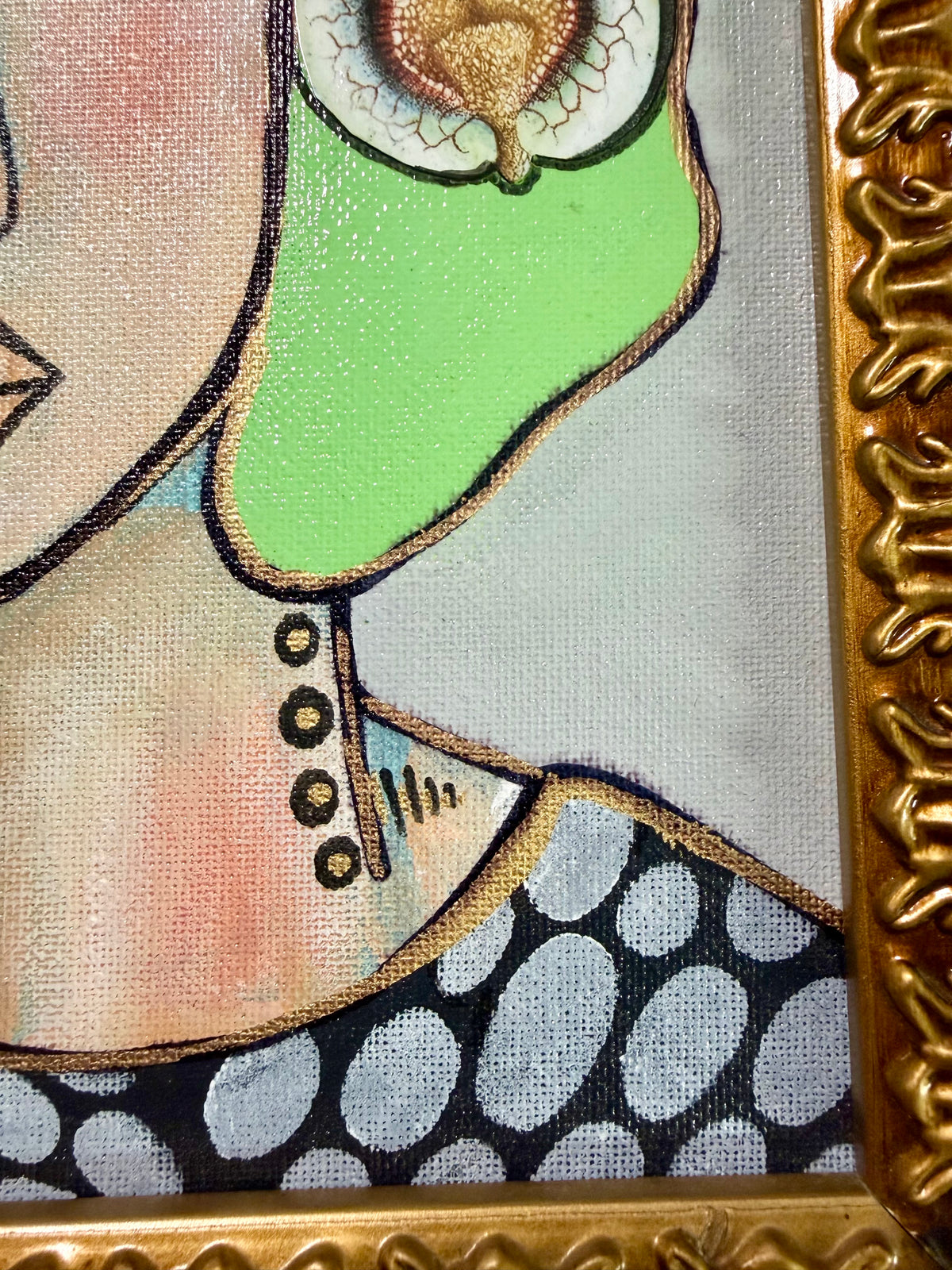 Original,signed painting-mixed media portrait on canvas board in gold frame 12x14”