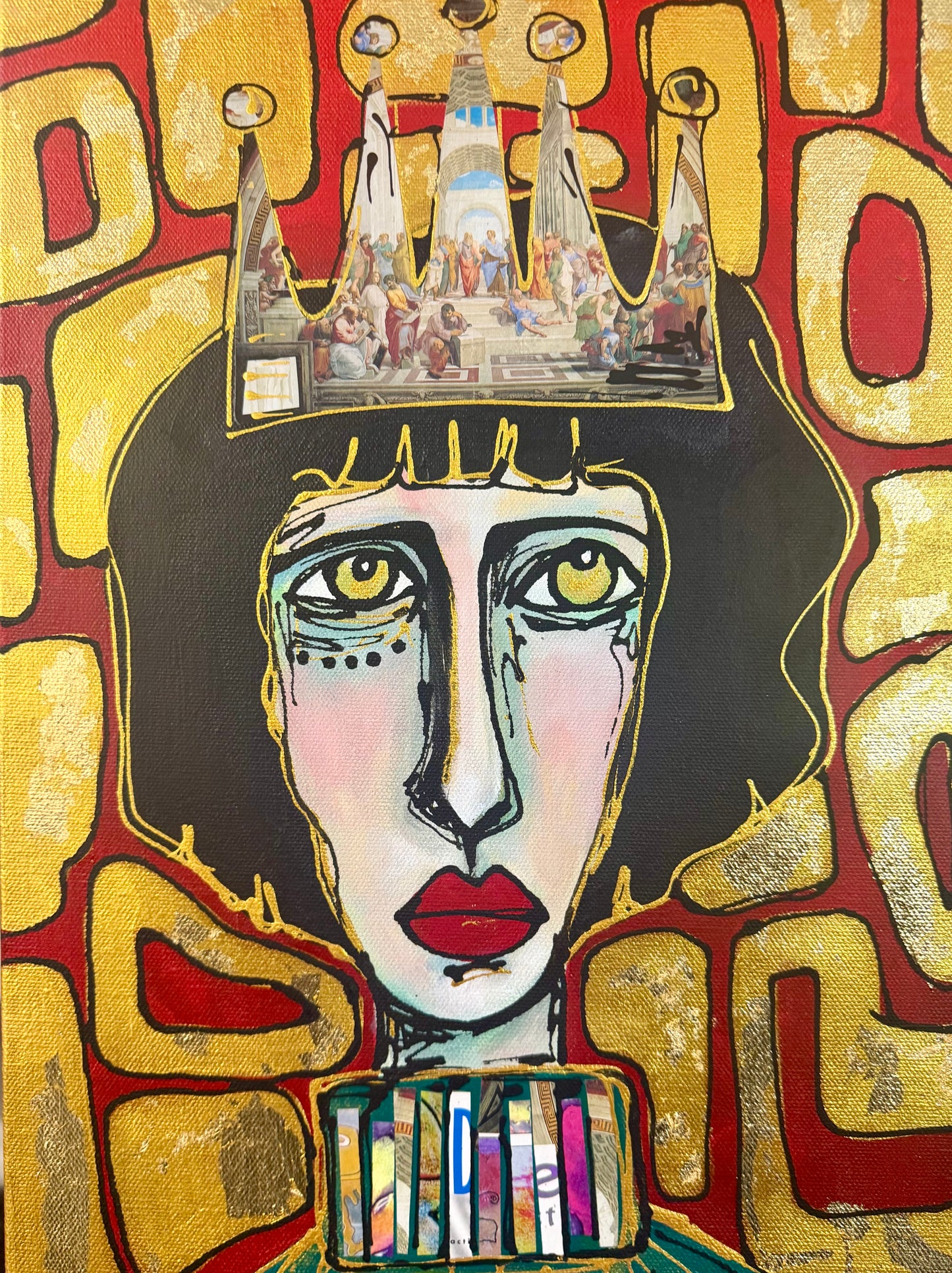 Original, signed painting-12x24” painted edge canvas: Abstract portrait w/ mixed media crown