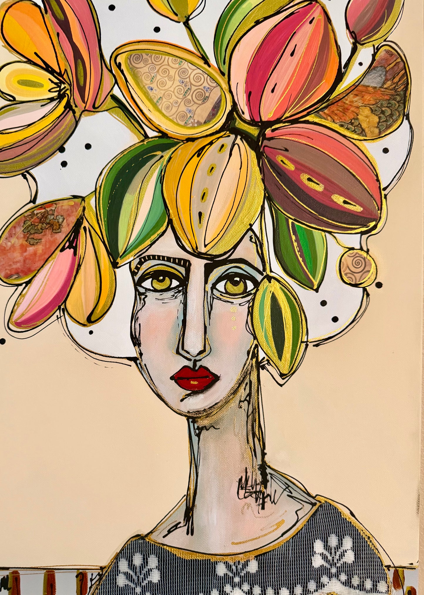 Original, signed painting-15x30”painted, wide edge canvas: Abstract portrait with mixed media collage