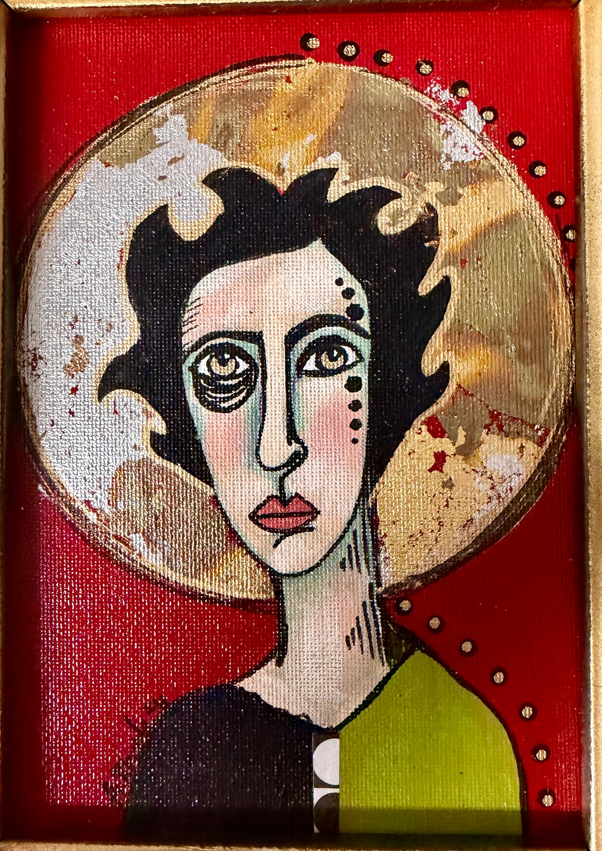 Original,signed painting-mixed media portrait on canvas in gold frame 9x11