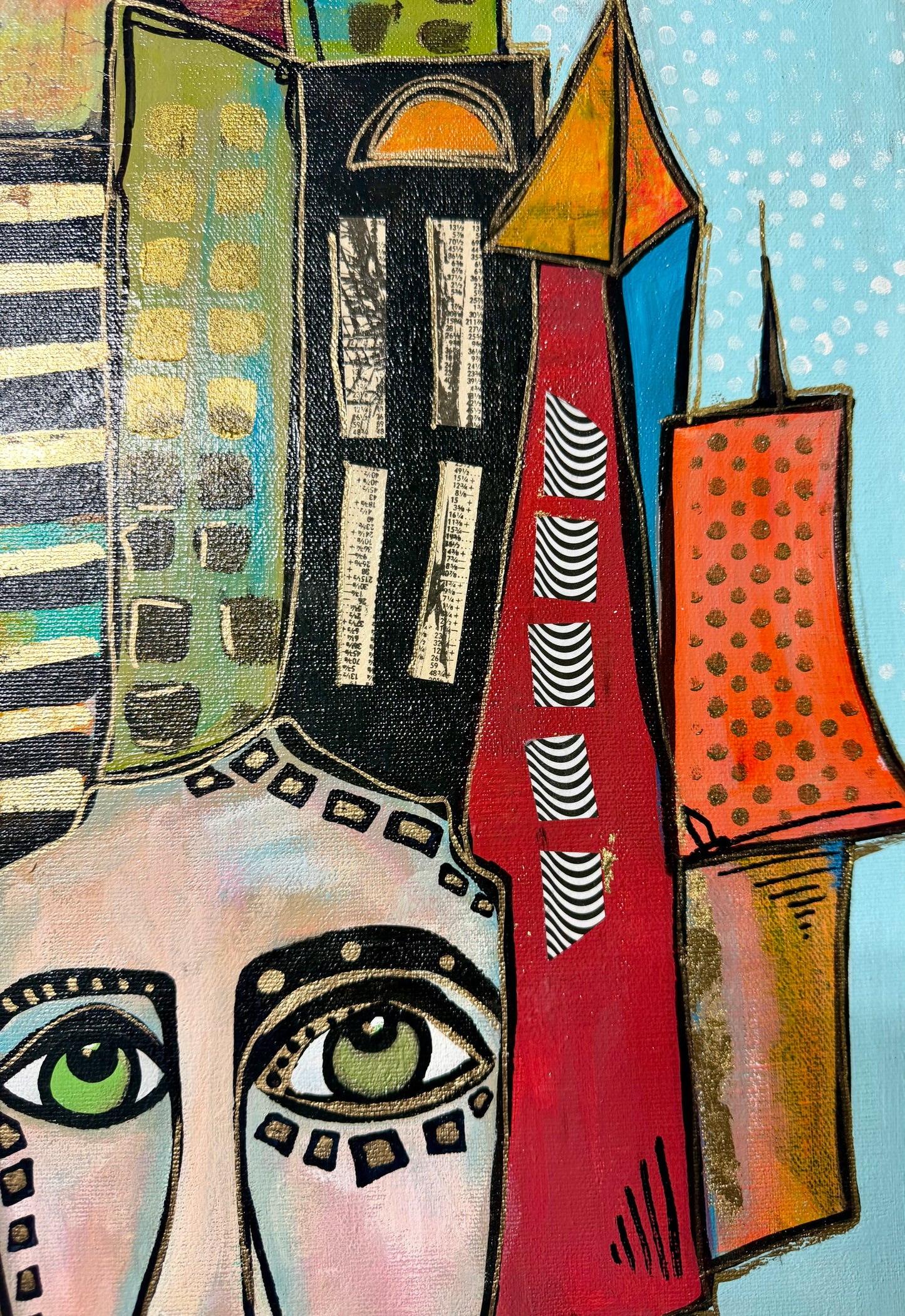15x30” Original signed painting on painted edge canvas. Tall Abstract portrait, acrylic w/collage cityscape