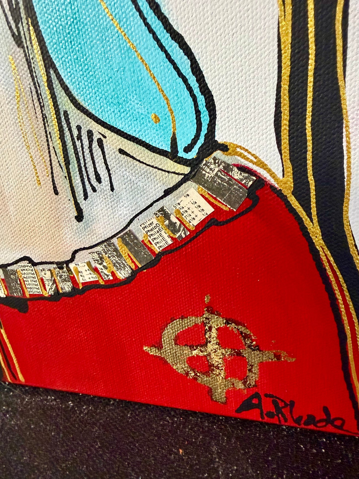 Original, signed painting-12x24” painted edge canvas: Abstract portrait w/ mixed media crown