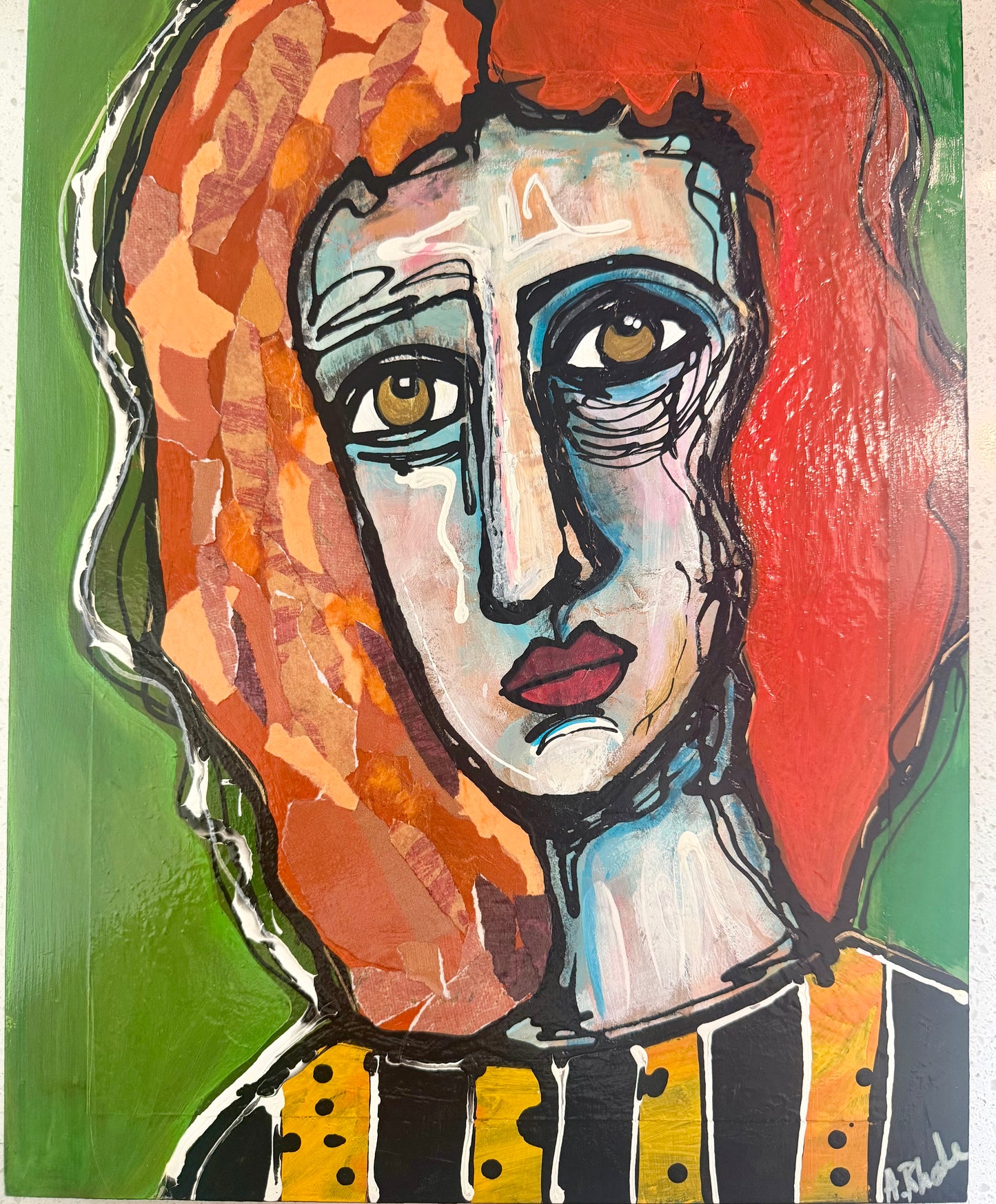 Original, signed mixed media painting/collage on box-framed wood panel. Abstract portrait w/mixed media -11x14”