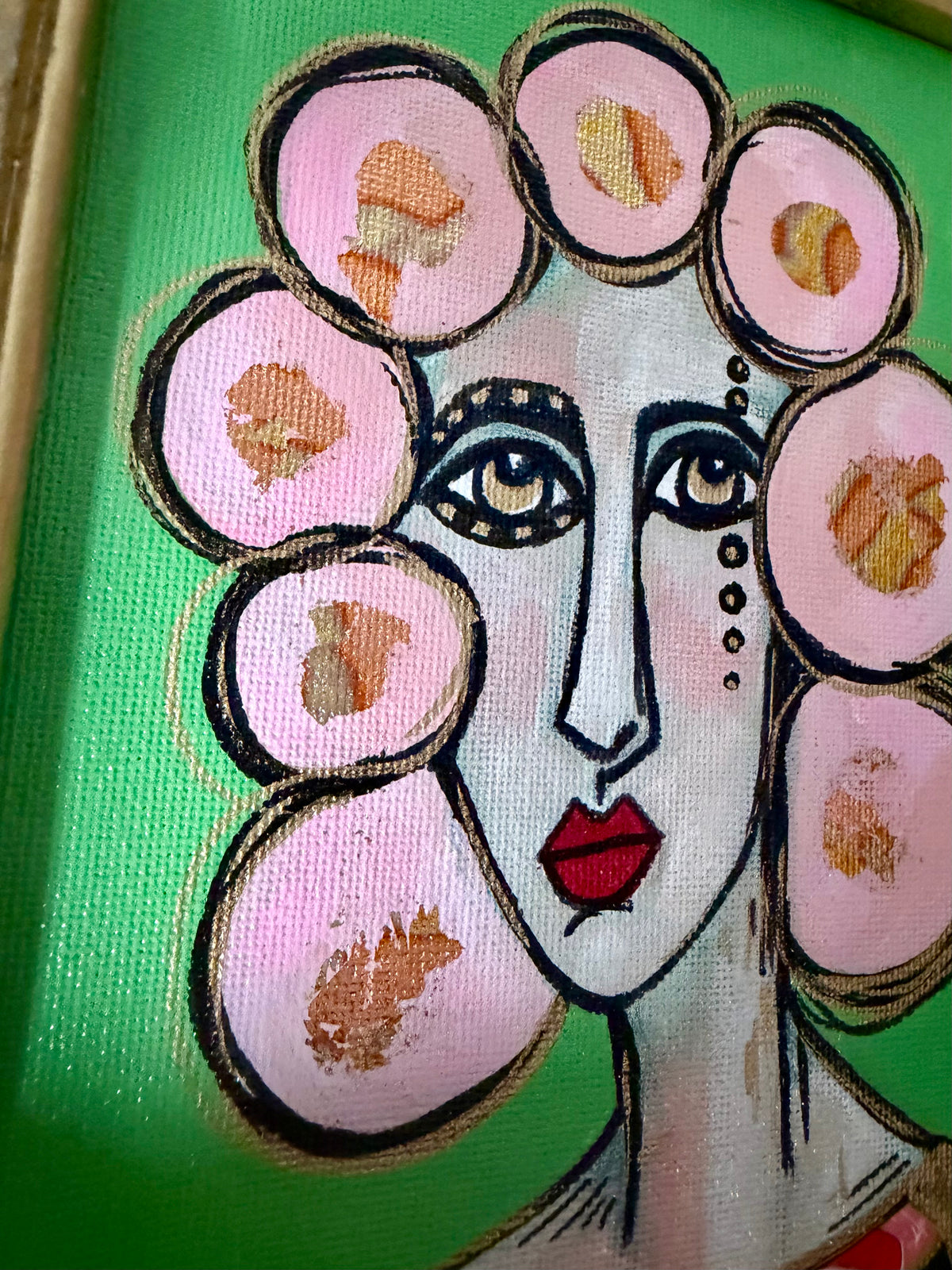 Original,signed painting-mixed media portrait on canvas in gold frame 9x11