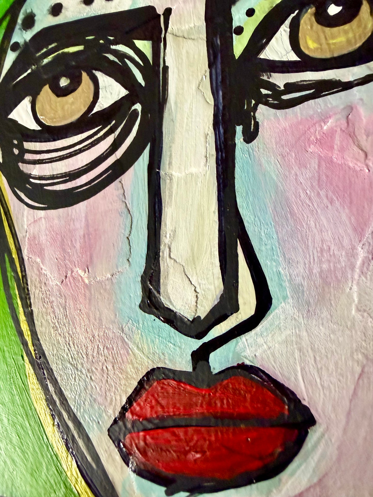 Original, signed painting on canvas  Abstract portrait w/mixed media - square 12x12”