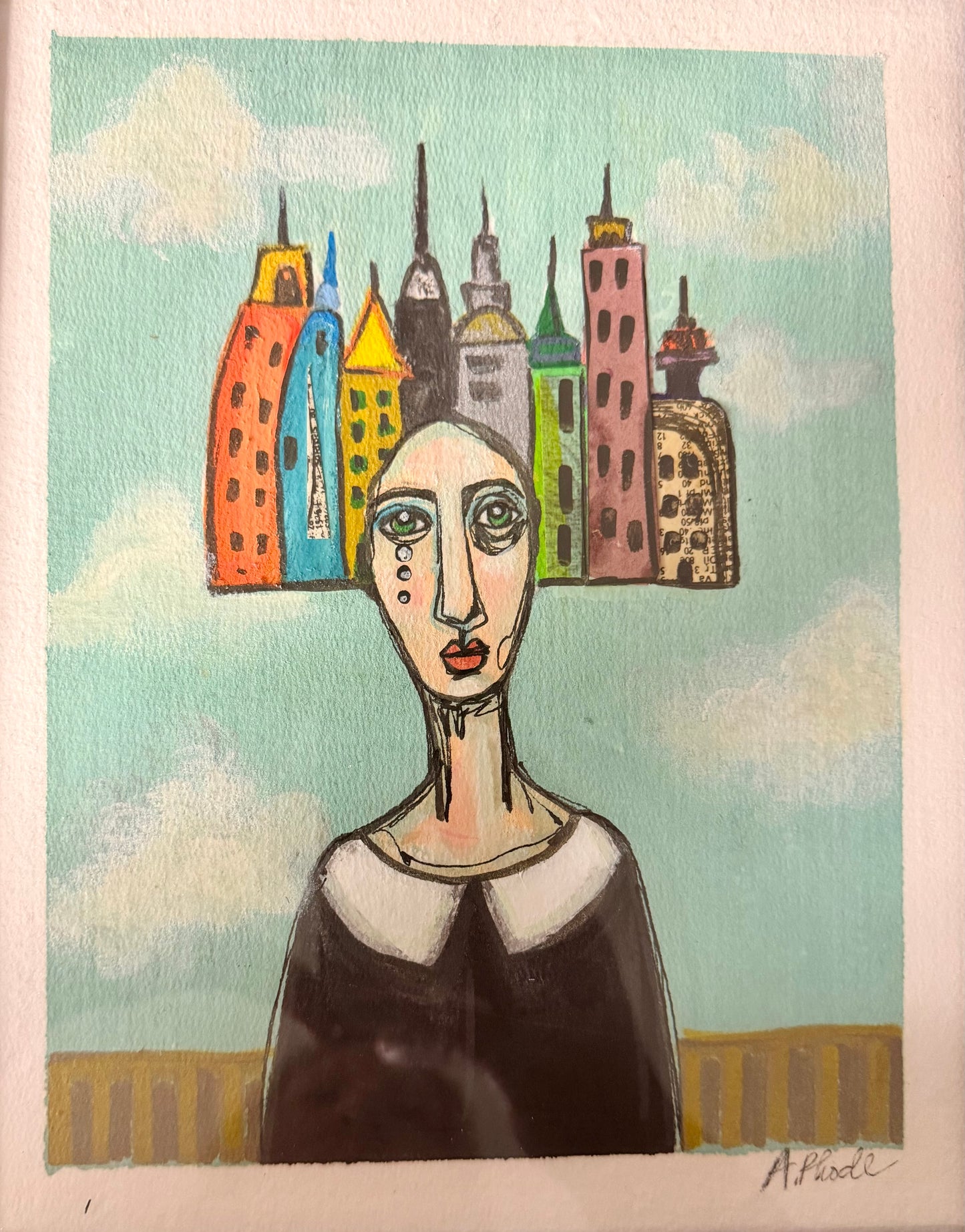 Original,signed painting/mixed media collage portrait on board in black frame, 10x12