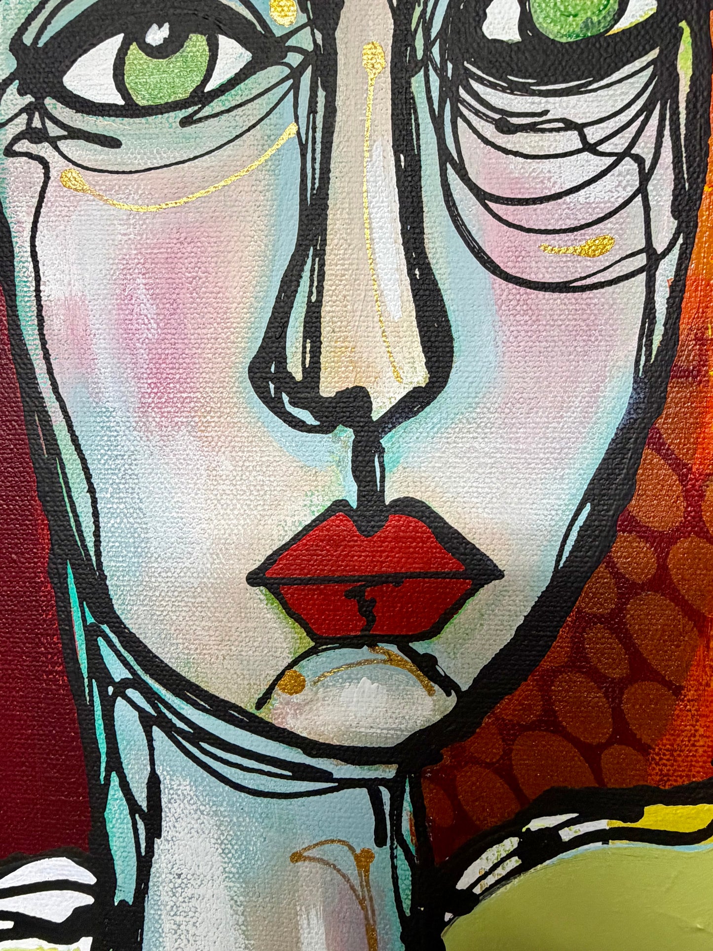 Original, signed painting-20x24”wide edge canvas: Abstract portrait with mixed media and collage edge