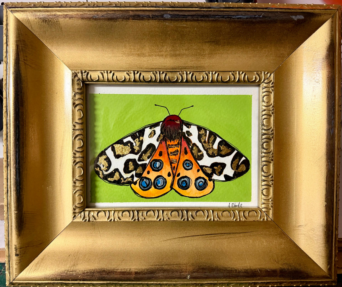 Original,signed painting/mixed media moth on heavyweight archival paper/board in gold ornate frame 10.5x12.5”