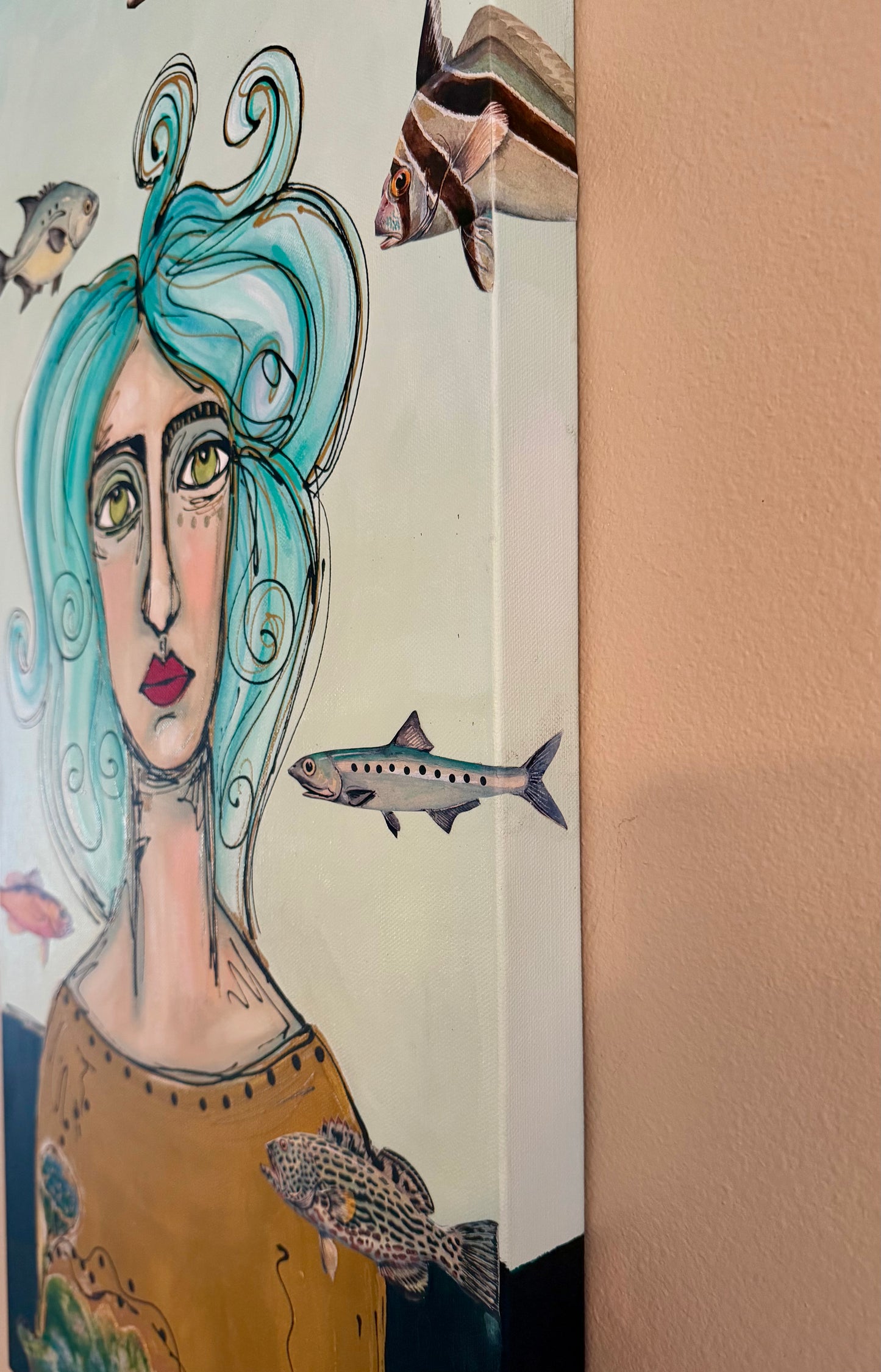 Original, signed painting-15x30”painted, wide edge canvas: Abstract portrait with mixed media collage