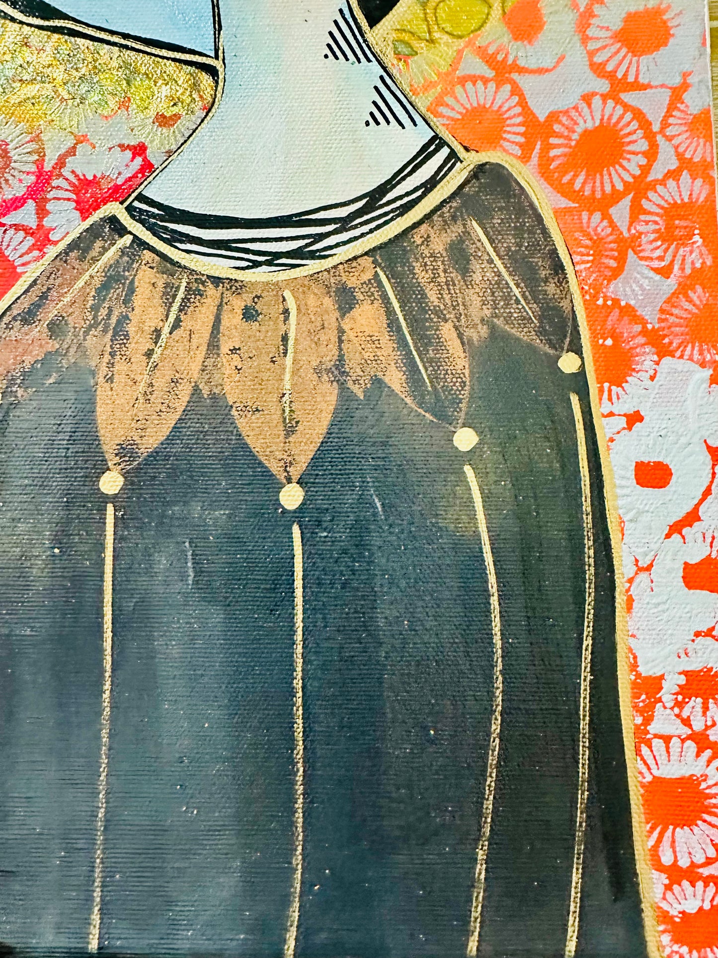 Original, signed painting-10x20” wide pained edge canvas: Abstract portrait w/ mixed media