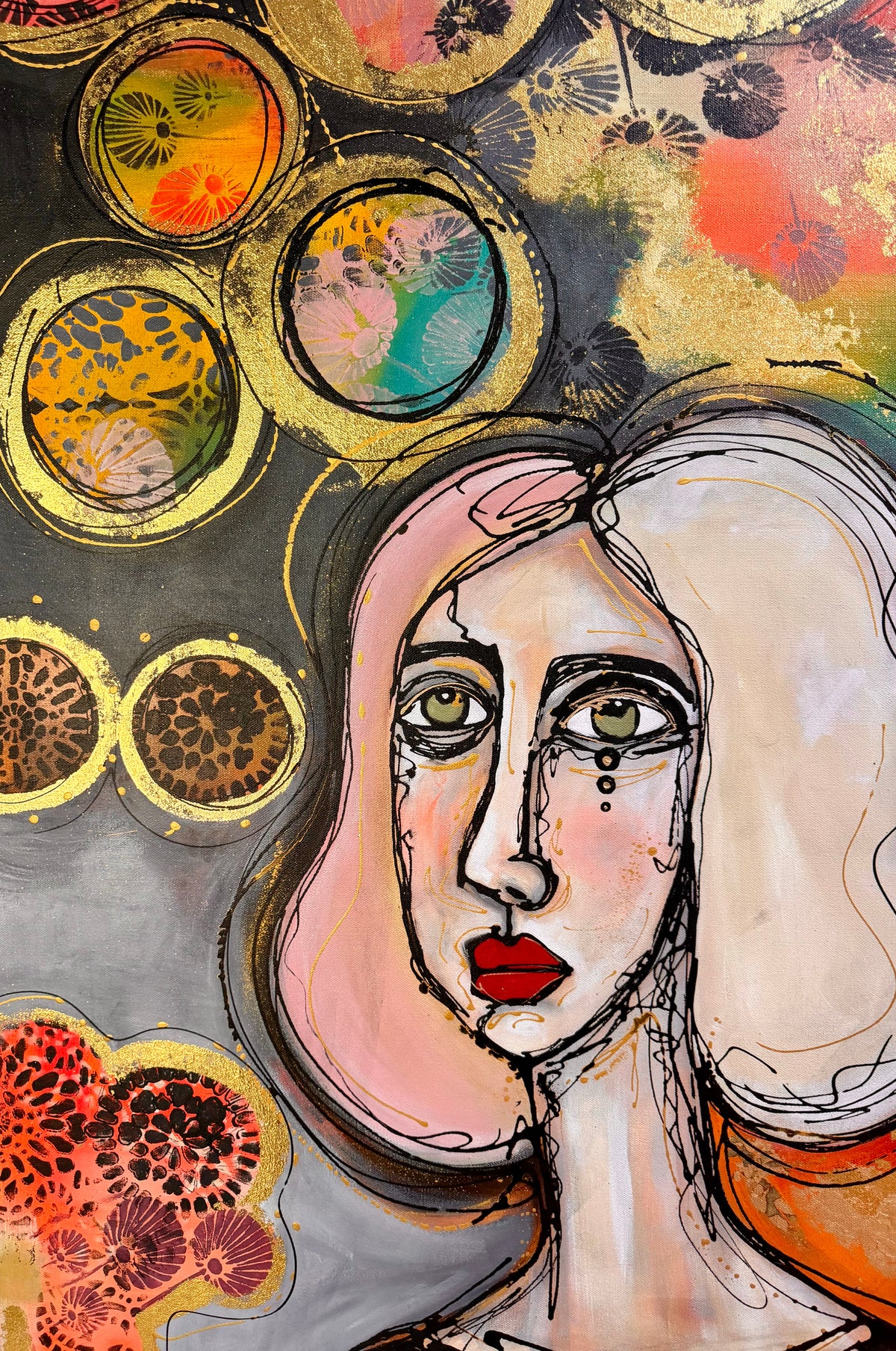 36x48 Original signed painting-wide gallery edge canvas Abstract portrait, acrylic w/mixed media & decorated edge