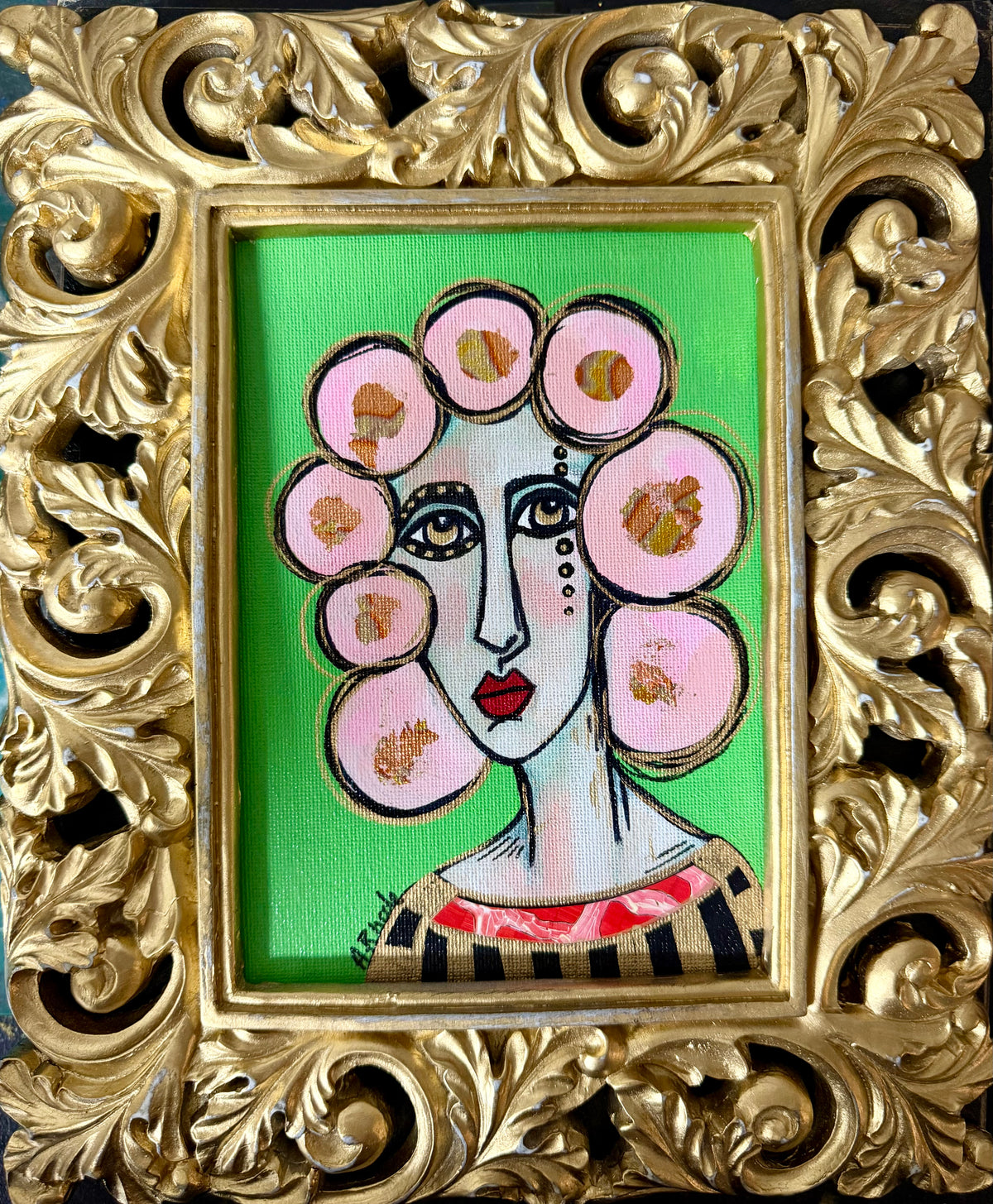 Original,signed painting-mixed media portrait on canvas in gold frame 9x11