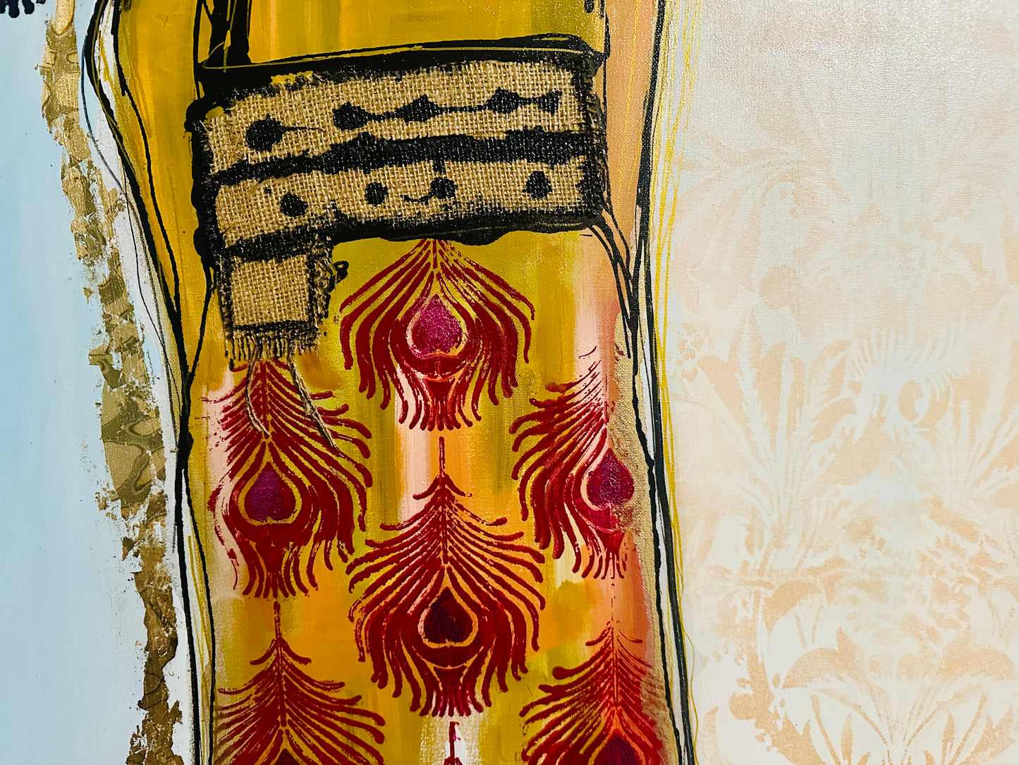 Original, signed painting-24x48”- black edge canvas: Abstract portrait w/ mixed media - ‘Black Crown’