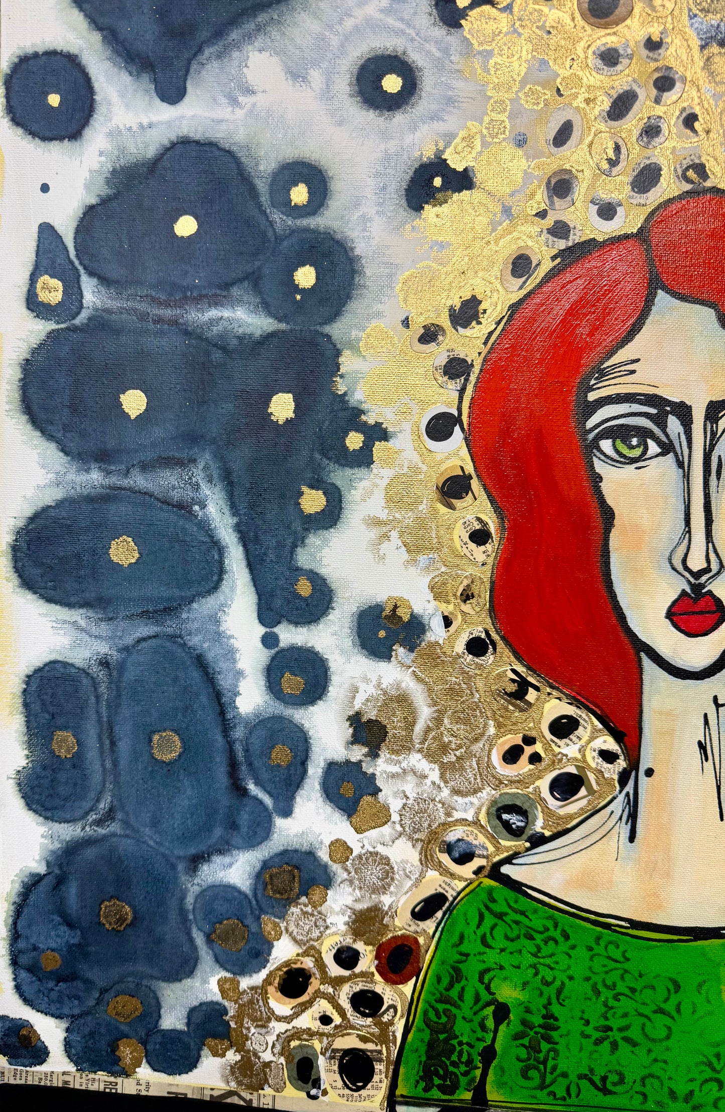 Original, signed painting-24x36” collaged edge canvas: Abstract portrait w/ mixed media