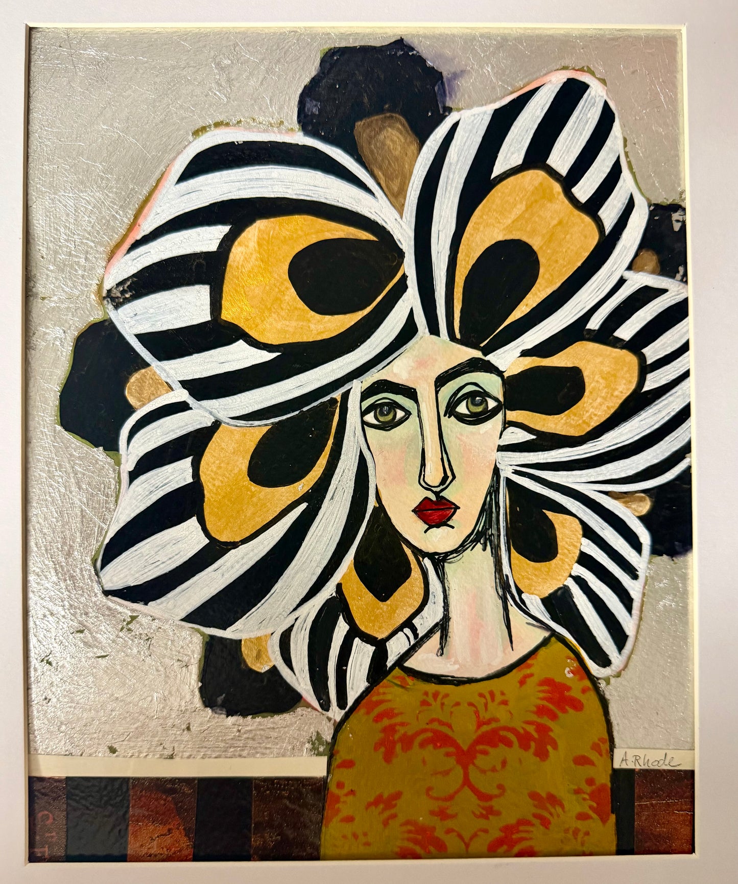 Original,signed painting/mixed media collage in black frame, 12x15” flower girl portrait.