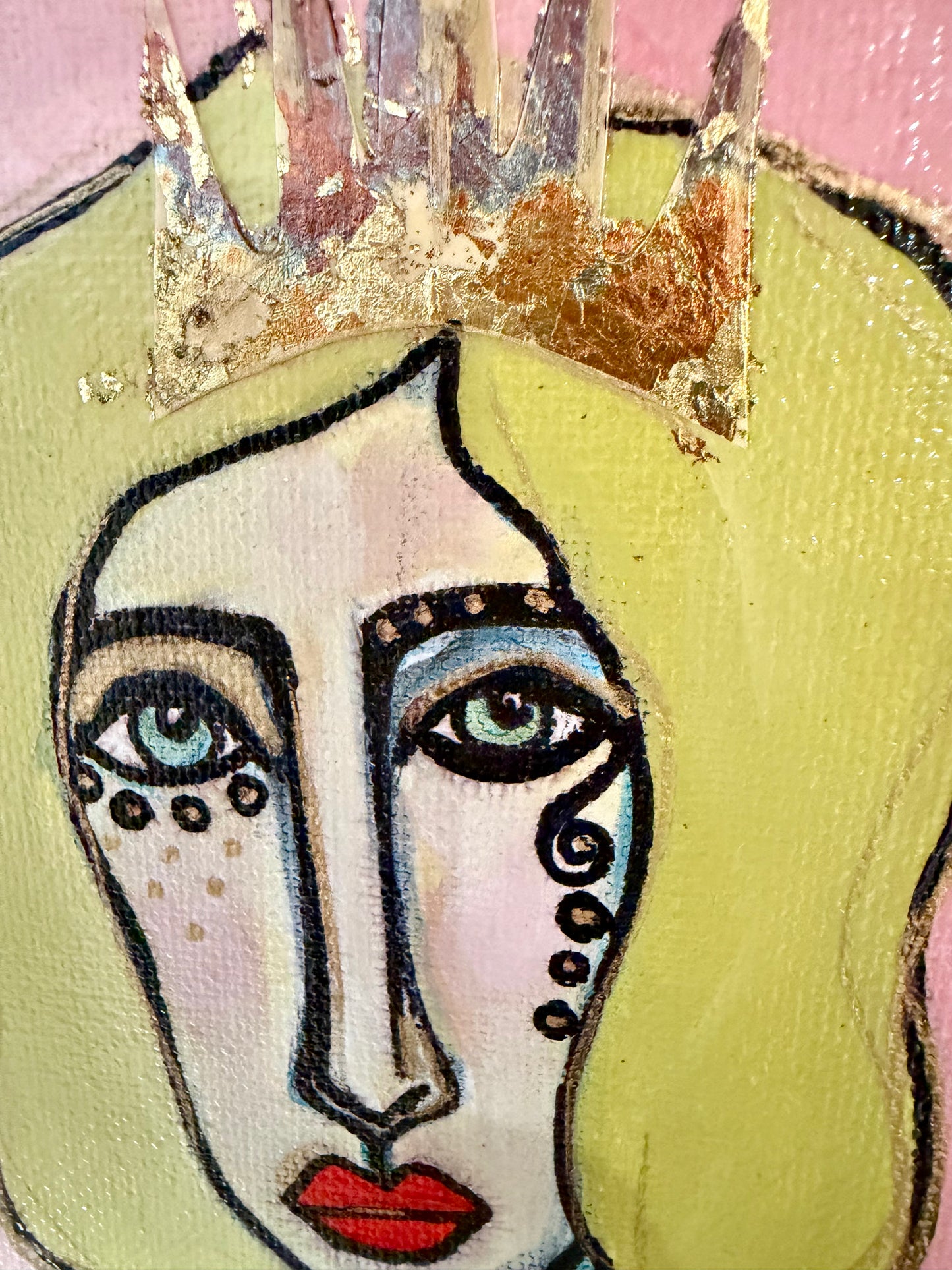 Original, signed mini /slender painting on canvas  Abstract portrait w/mixed media 4x12”