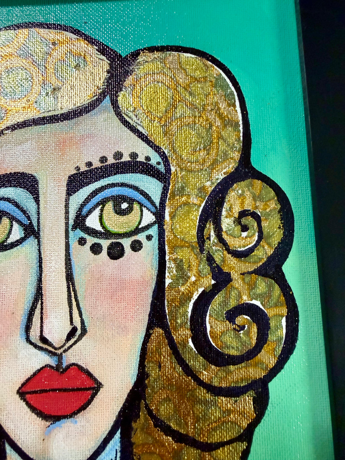 Original,signed painting-mixed media portrait on canvas board in black frame 10x12”