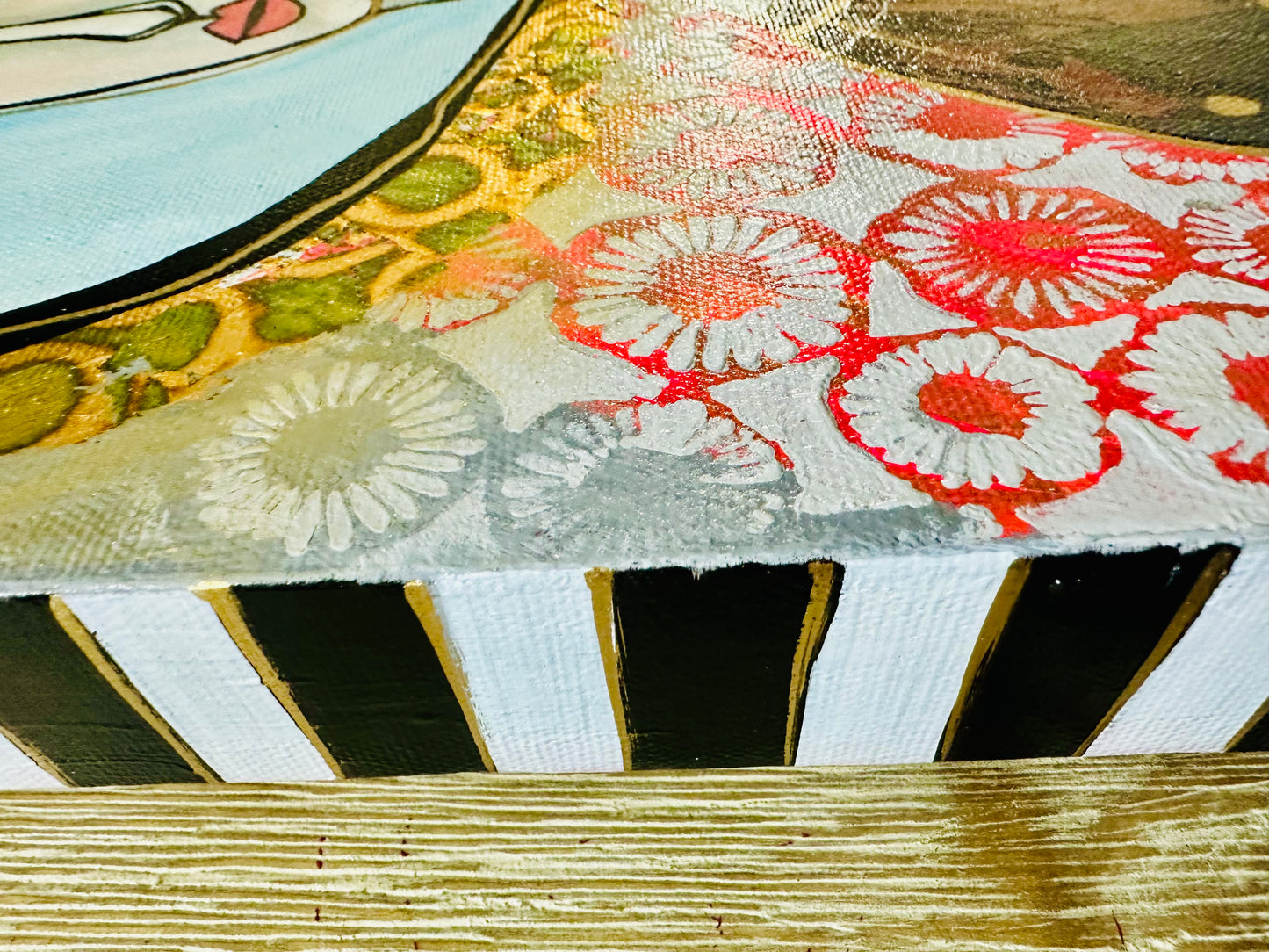 Original, signed painting-10x20” wide pained edge canvas: Abstract portrait w/ mixed media