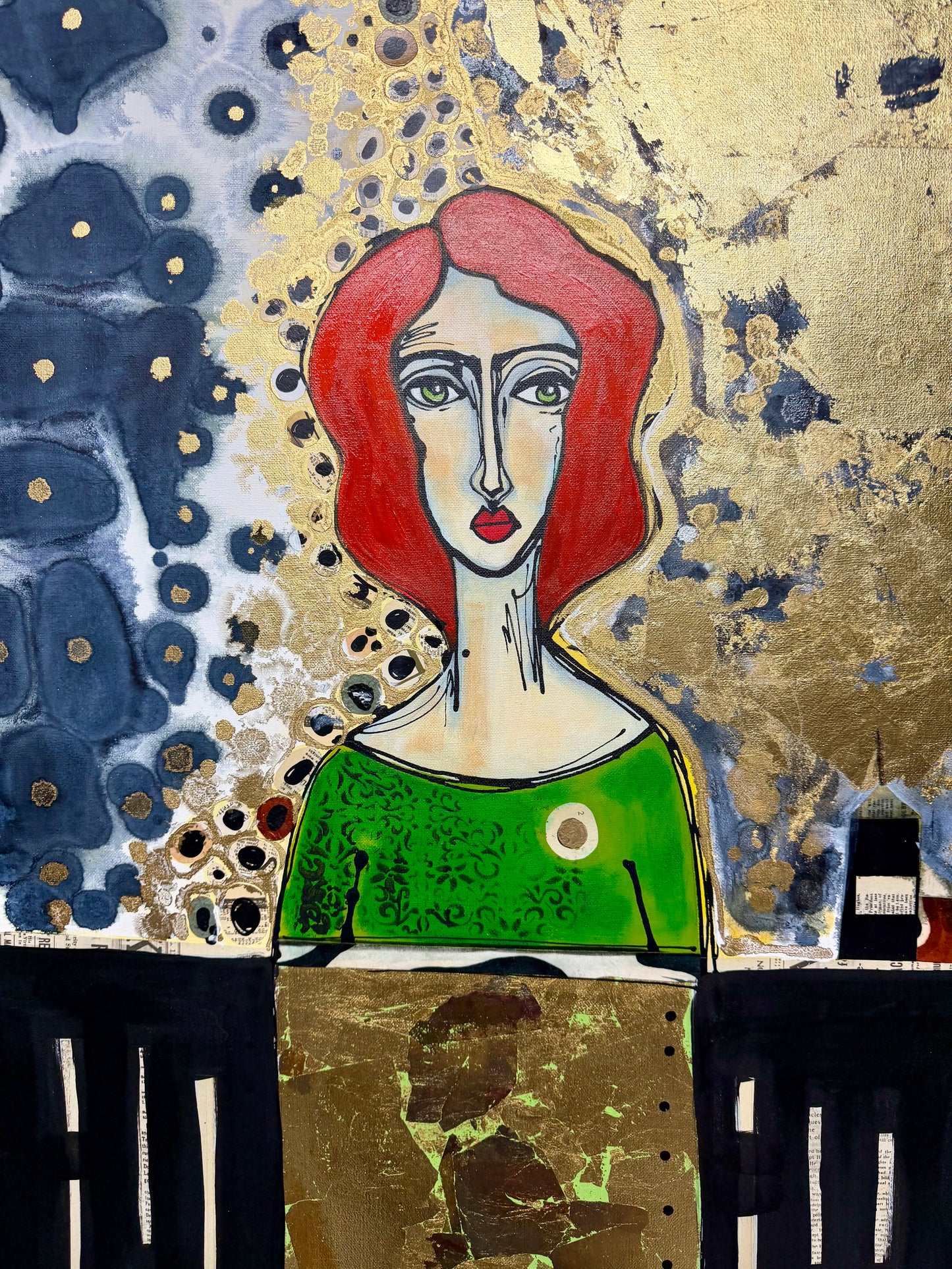 Original, signed painting-24x36” collaged edge canvas: Abstract portrait w/ mixed media