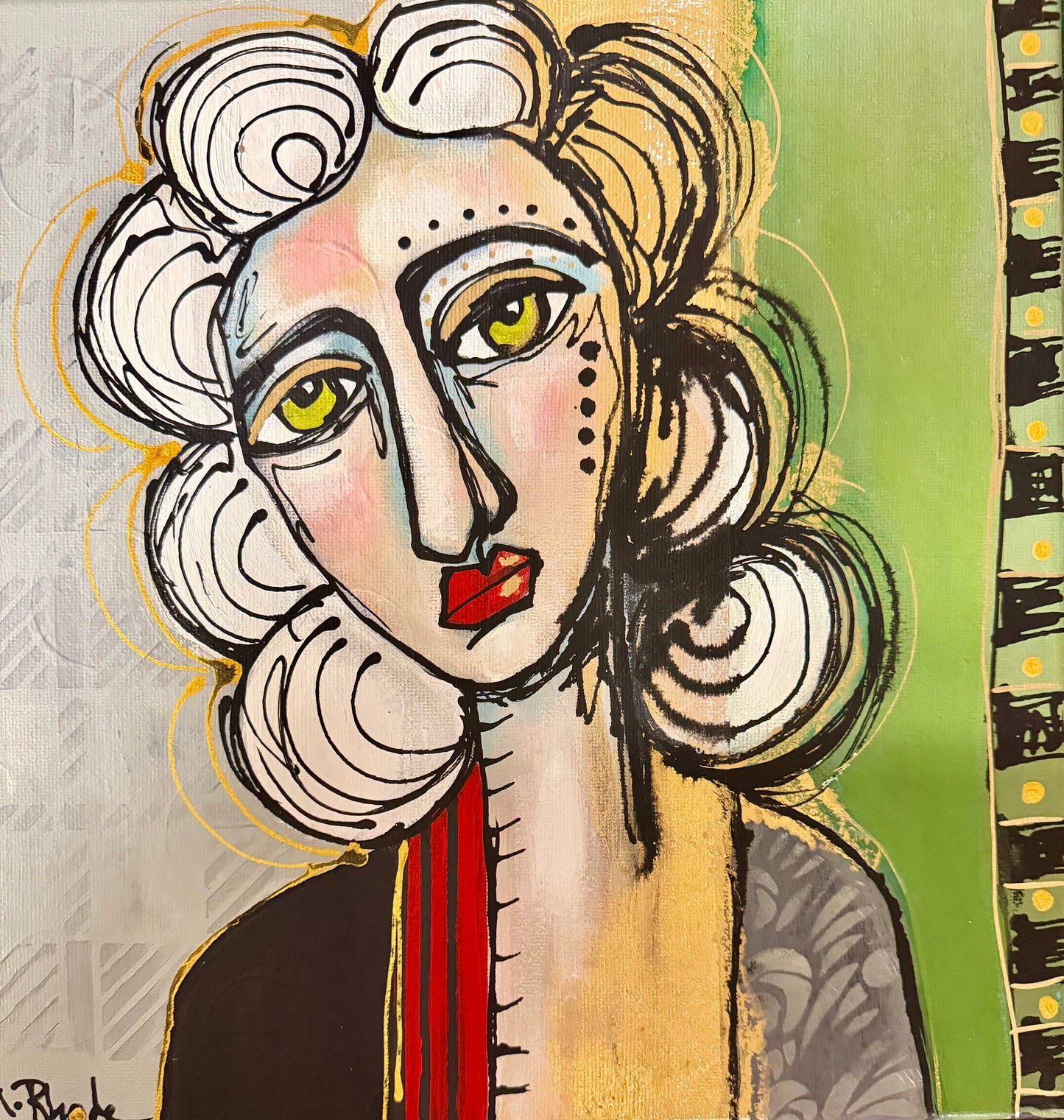 Original, signed painting on canvas  Abstract portrait w/mixed media - square 12x12”