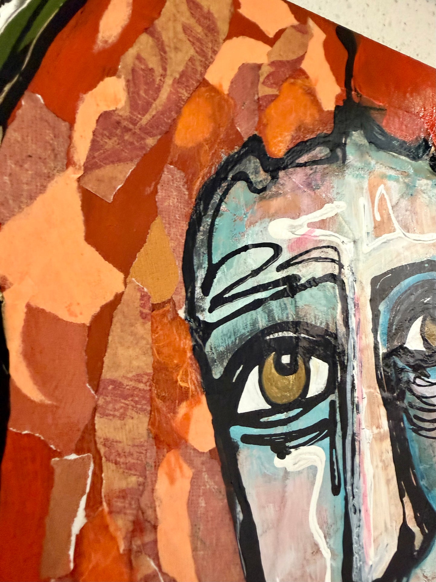 Original, signed mixed media painting/collage on box-framed wood panel. Abstract portrait w/mixed media -11x14”