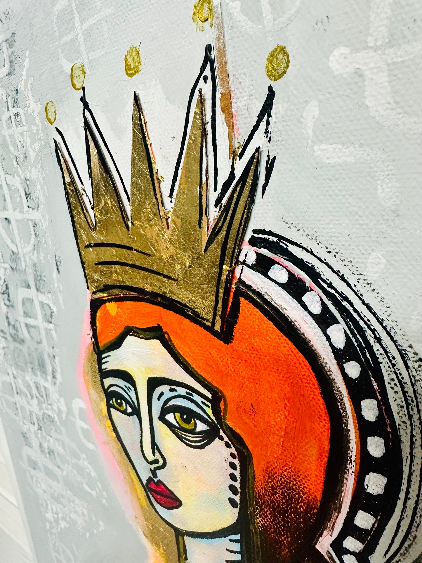 Original, signed painting-12x24” wide collage edge canvas: Abstract portrait w/ mixed media