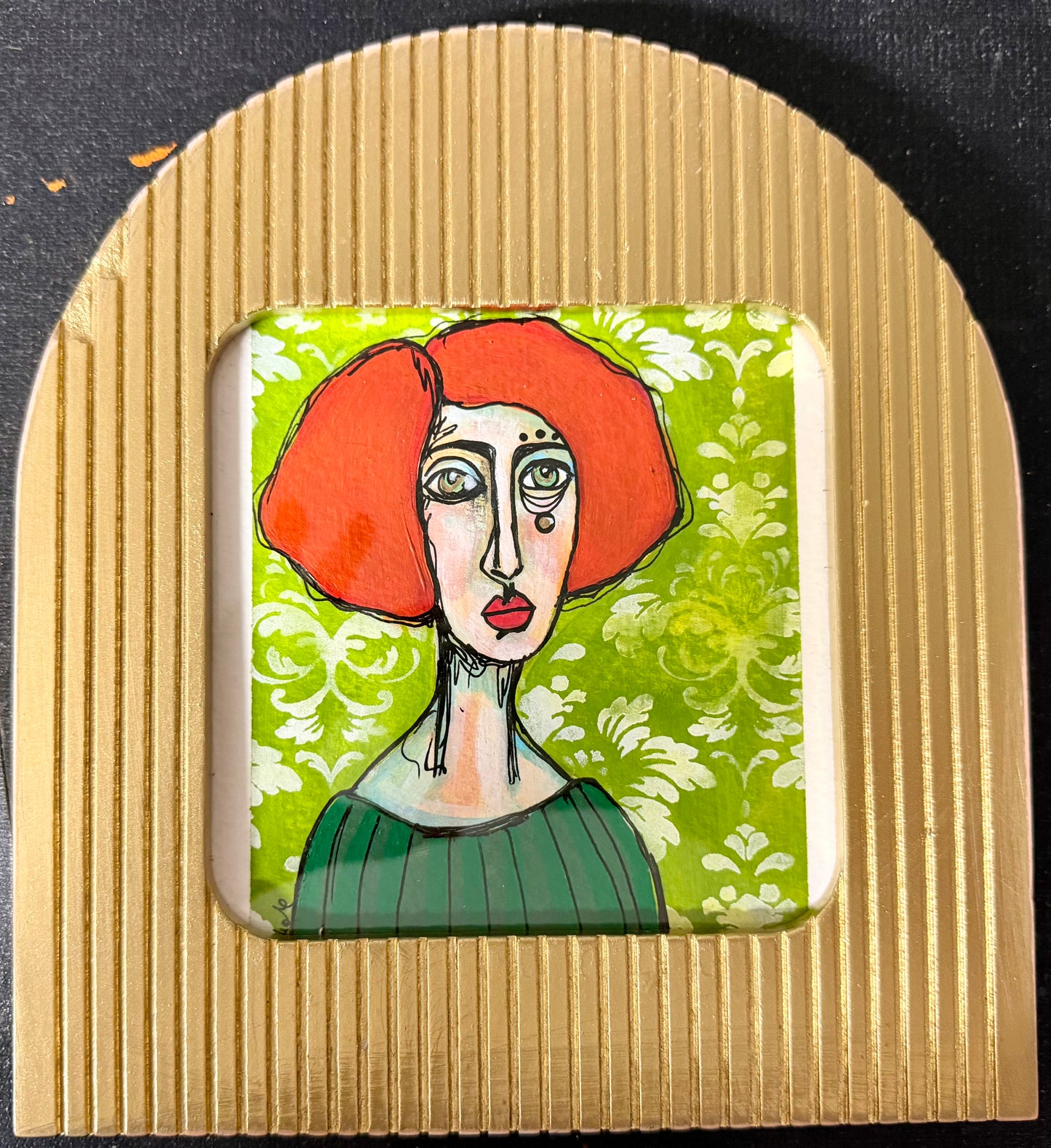Original,signed painting/mixed media collage portrait on heavyweight archival paper in gold arch frame, 8x9