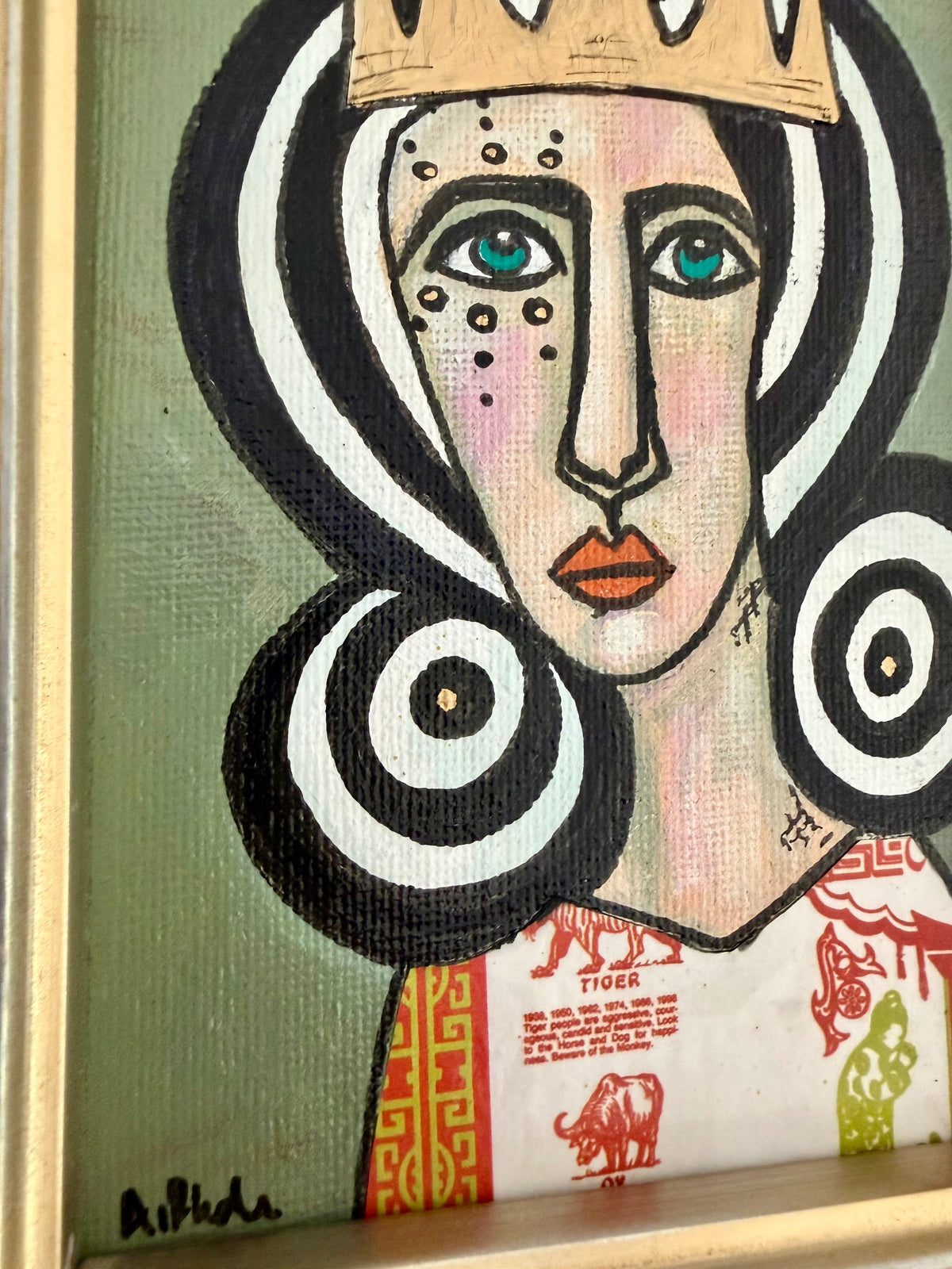 Original,signed painting-mixed media portrait on canvas in gold frame 9x11