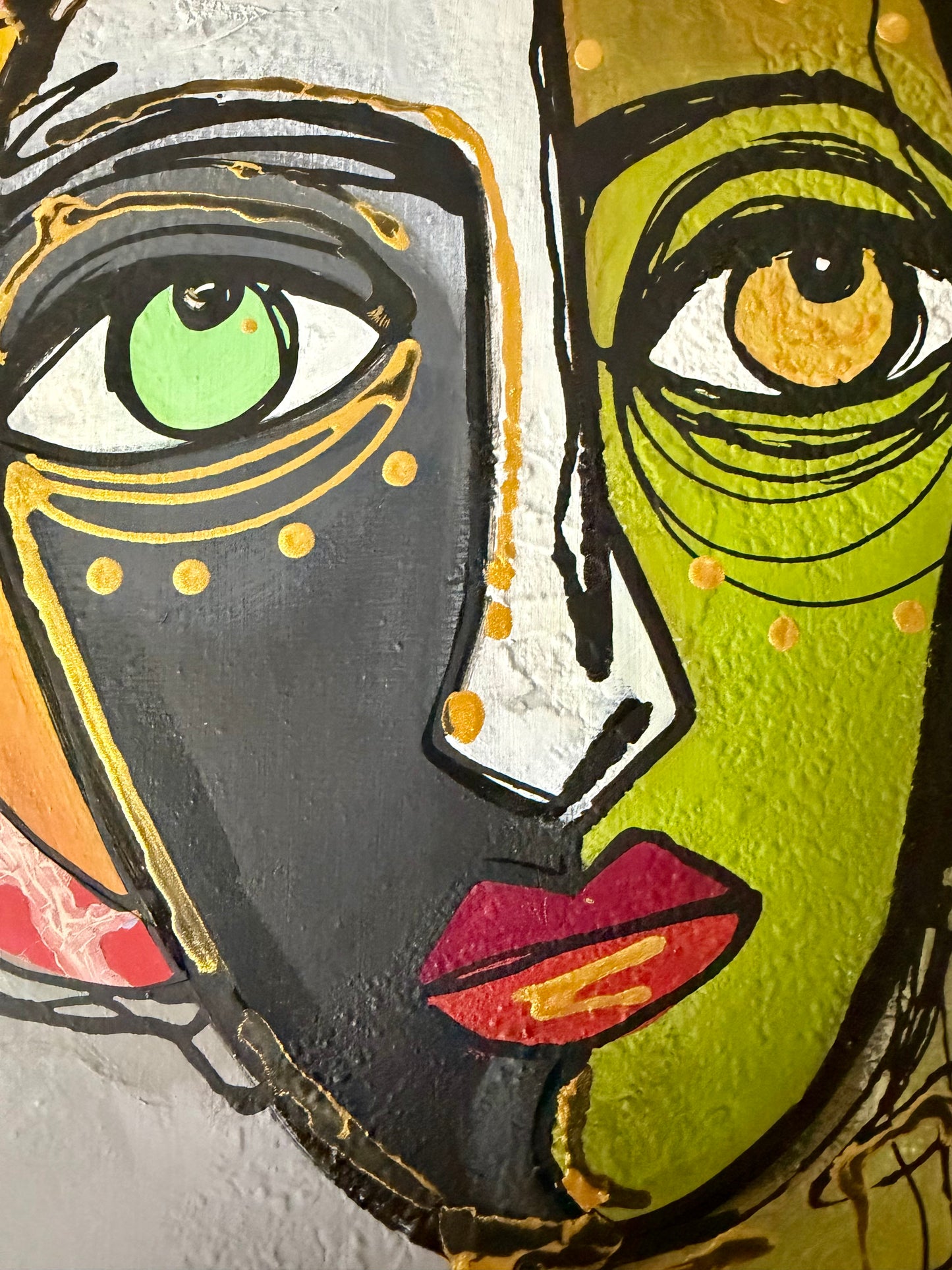 Original, signed mixed media painting/collage on boxed framed wood panel   Abstract portrait w/mixed media -12x12”
