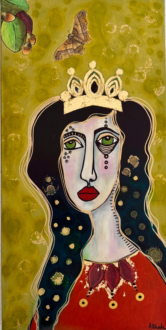 Original, signed painting-12x24” painted edge canvas: Abstract portrait w/ mixed media crown