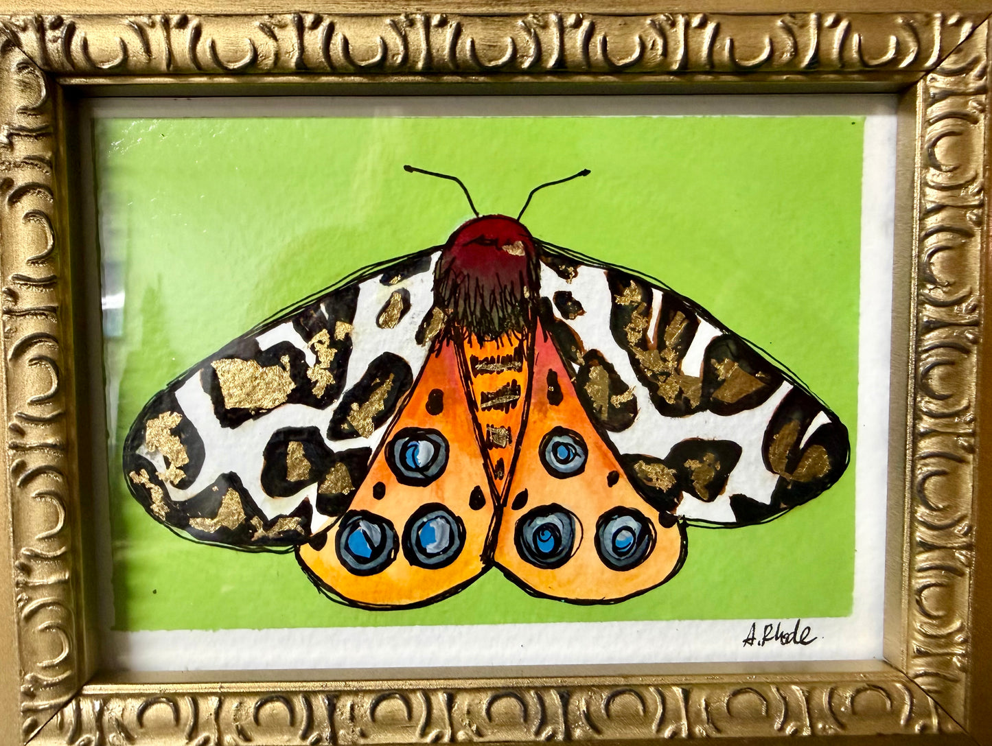 Original,signed painting/mixed media moth on heavyweight archival paper/board in gold ornate frame 10.5x12.5”