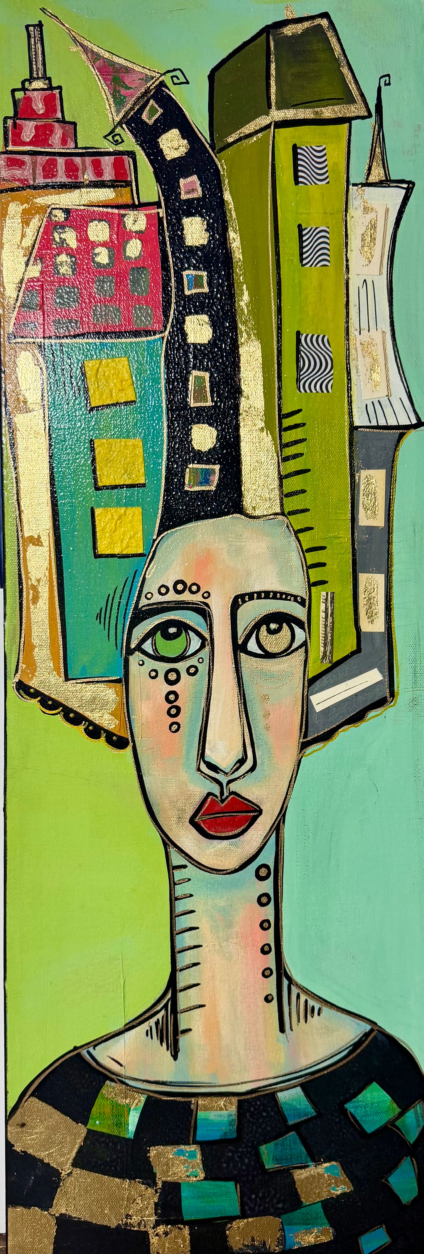 10x30” Original signed painting on painted edge canvas. Tall Abstract portrait, acrylic w/collage cityscape