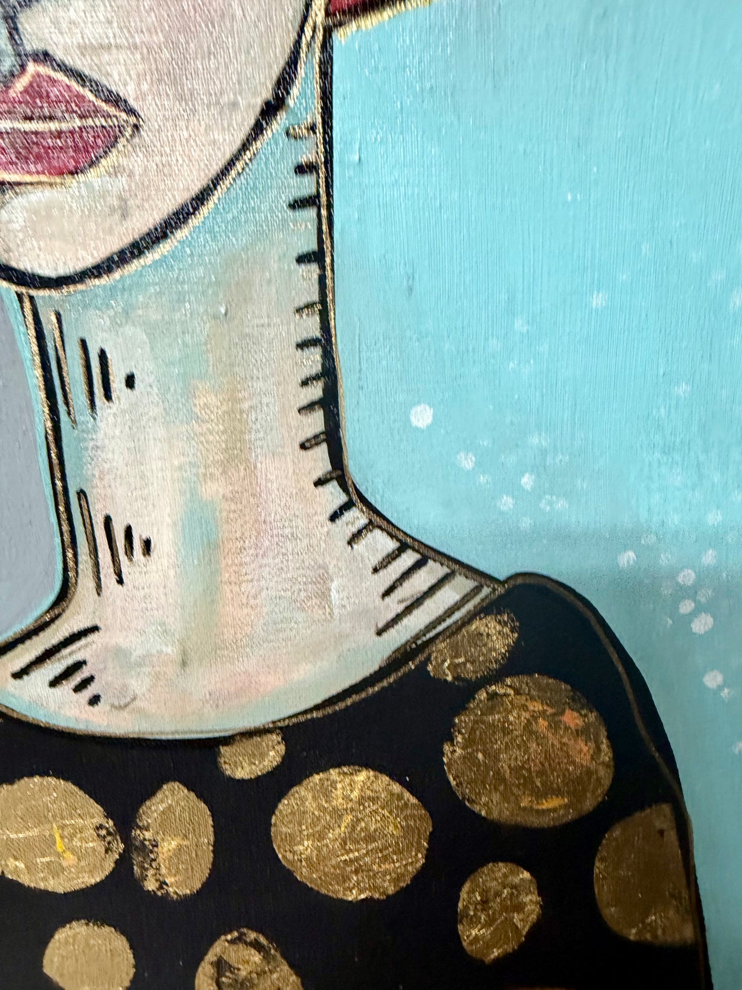 15x30” Original signed painting on painted edge canvas. Tall Abstract portrait, acrylic w/collage cityscape