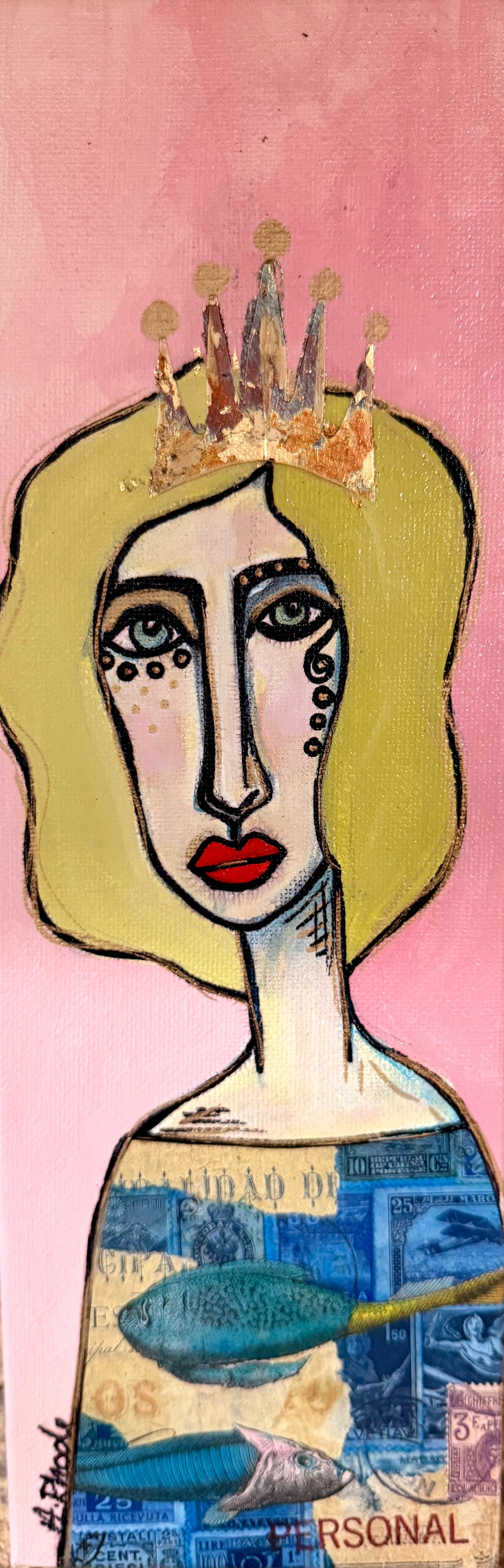 Original, signed mini /slender painting on canvas  Abstract portrait w/mixed media 4x12”