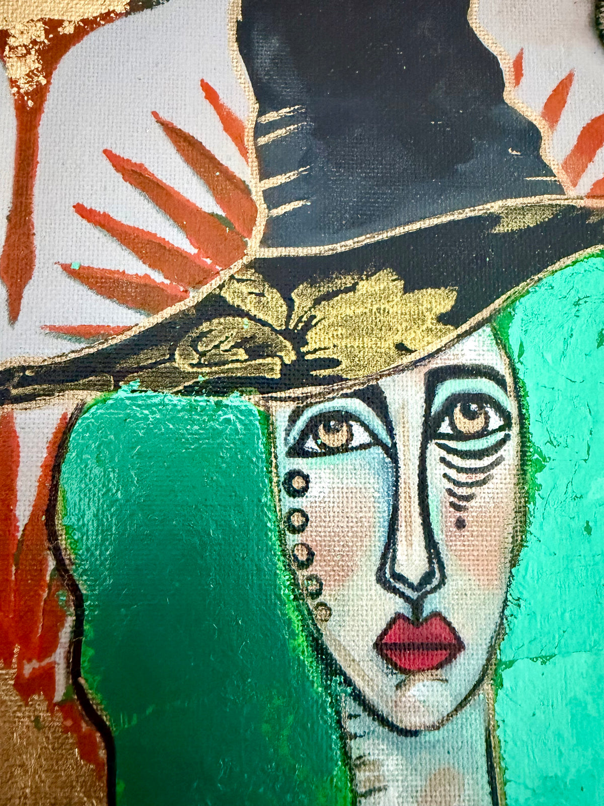Original,signed Witches’ Brew painting & mixed media on canvas board in ornate gold frame14x18”