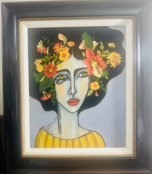 Original painting on canvas in black frame 24x28, Abstract portrait w/mixed media, botanical collage.