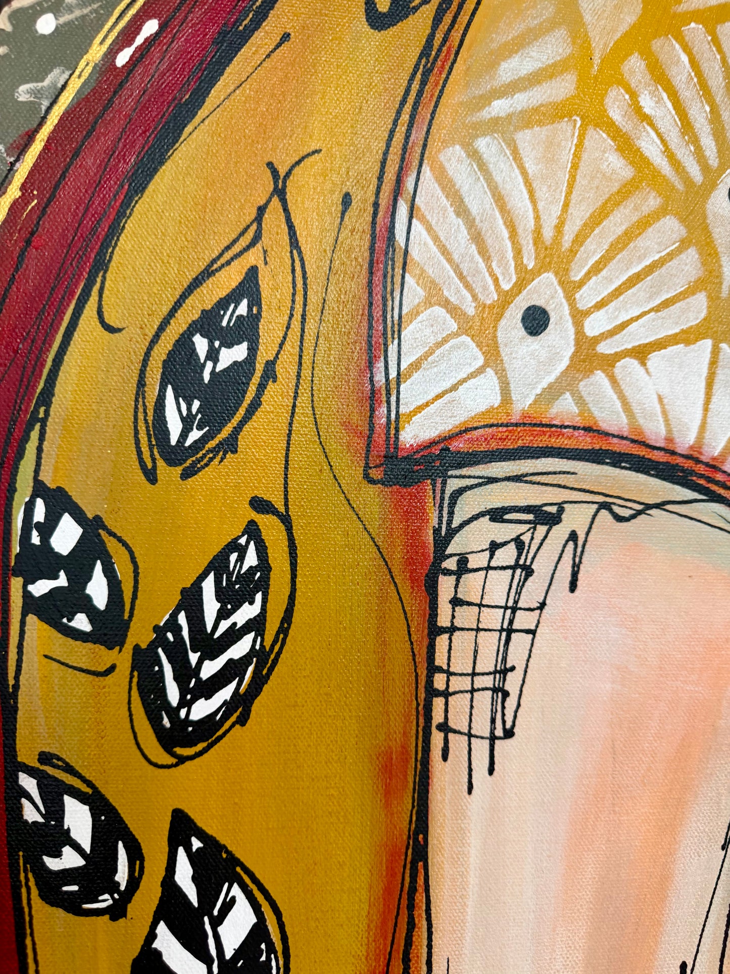 48x60” Original signed painting-wide gallery edge canvas Abstract contour queen portrait w/ mixed media