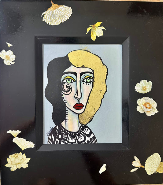 Original painting on canvas board in collaged black frame 16x18-Abstract portrait w/mixed media