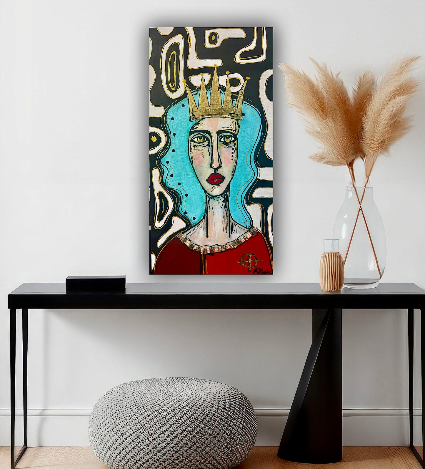 Original, signed painting-12x24” painted edge canvas: Abstract portrait w/ mixed media crown