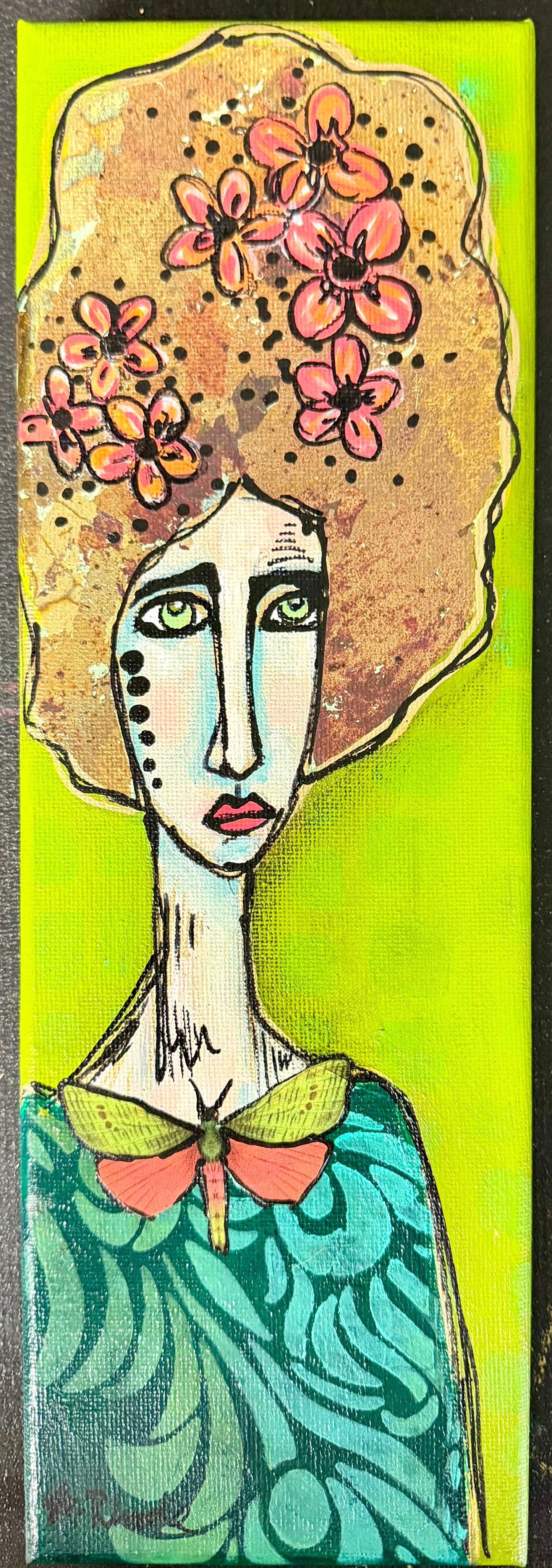 Original, signed mini /slender painting on canvas  Abstract portrait w/mixed media 4x12”