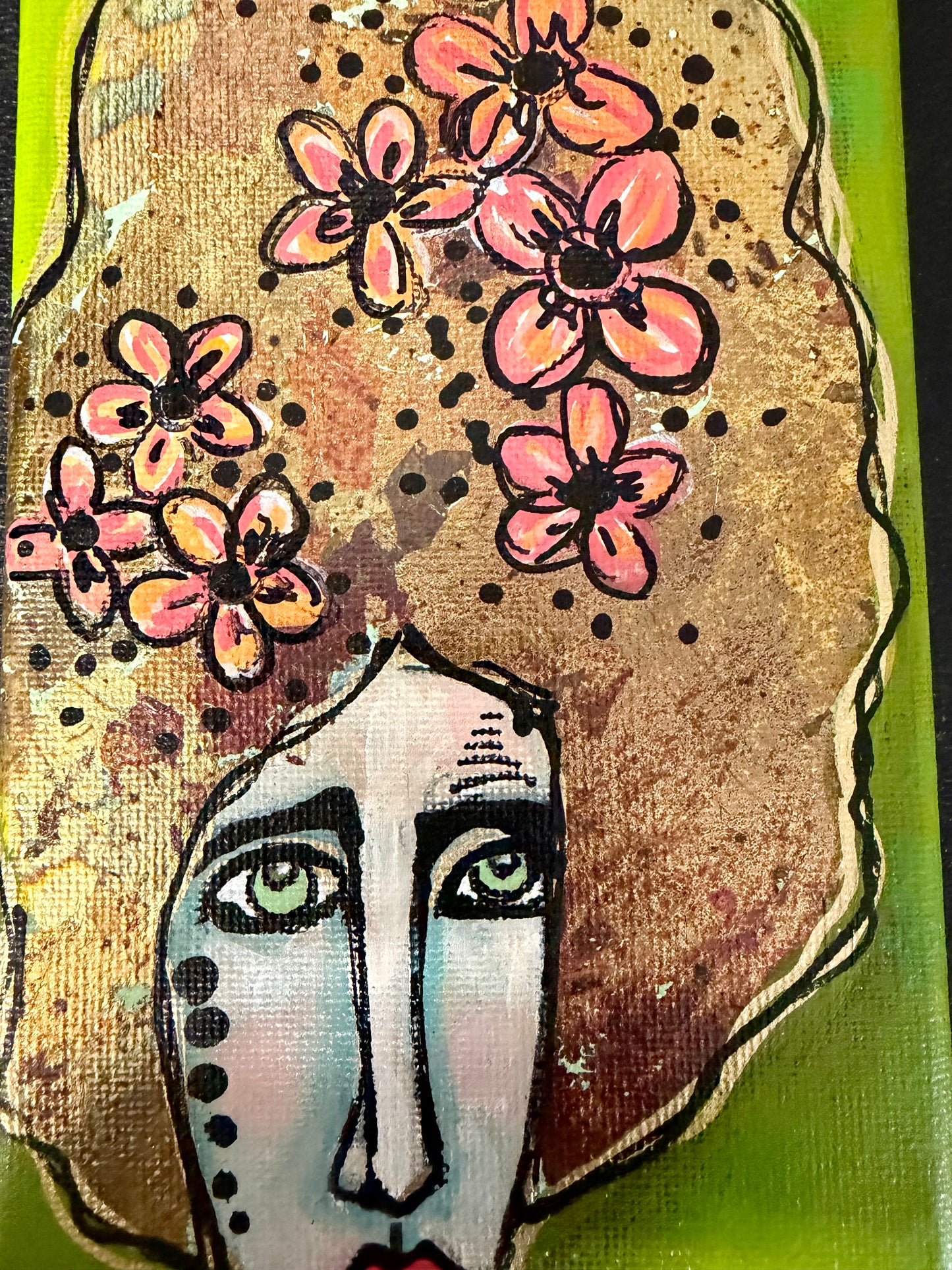 Original, signed mini /slender painting on canvas  Abstract portrait w/mixed media 4x12”