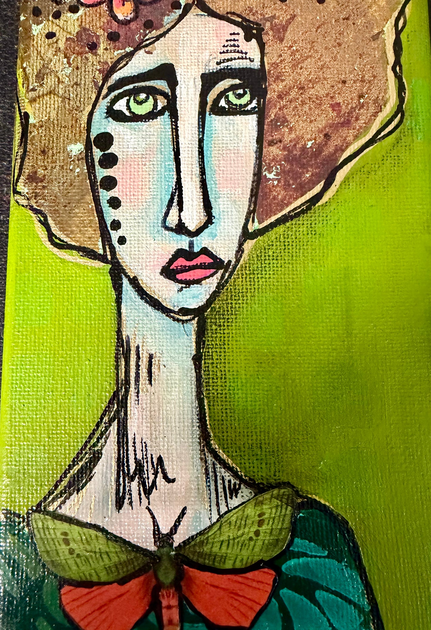 Original, signed mini /slender painting on canvas  Abstract portrait w/mixed media 4x12”