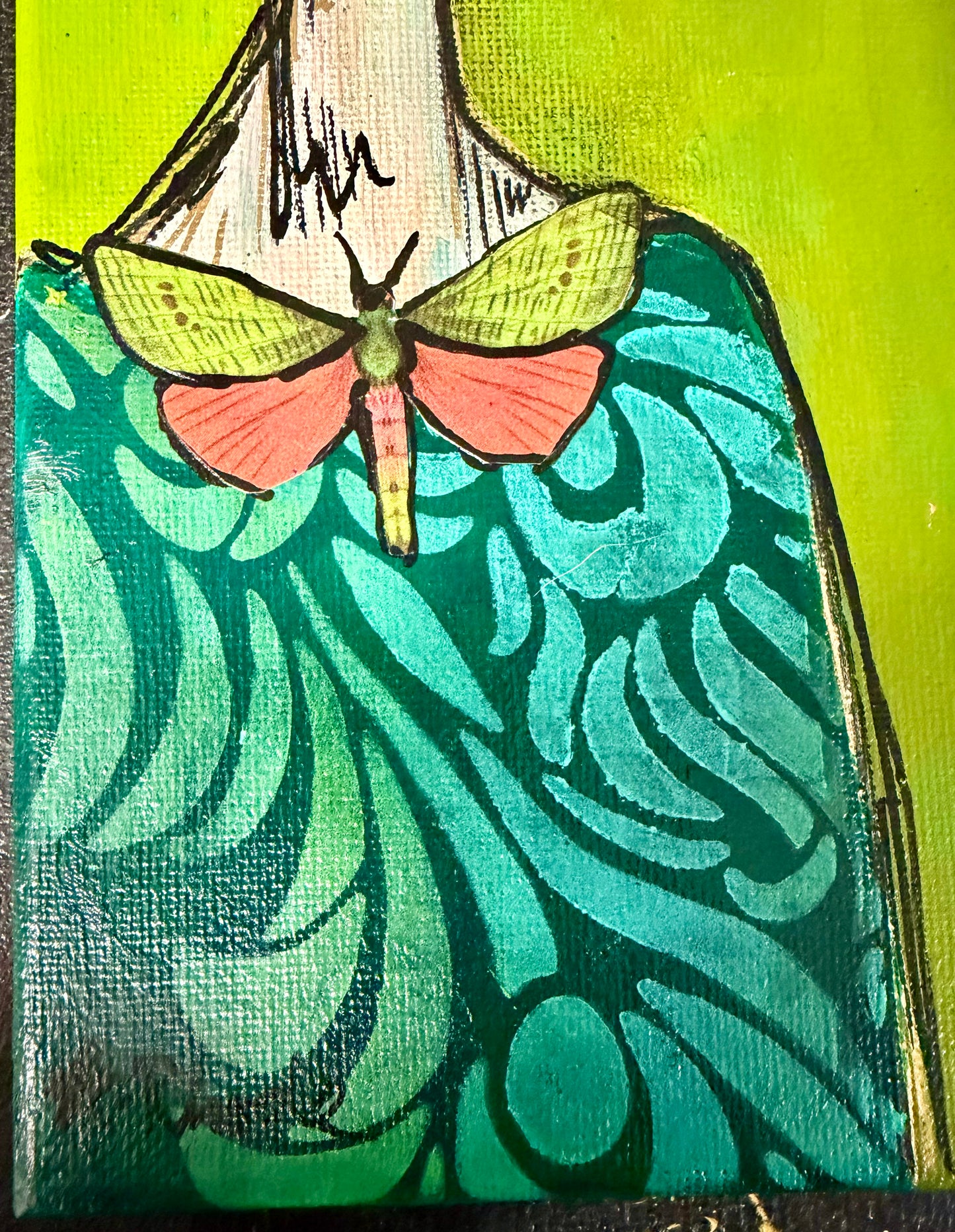 Original, signed mini /slender painting on canvas  Abstract portrait w/mixed media 4x12”